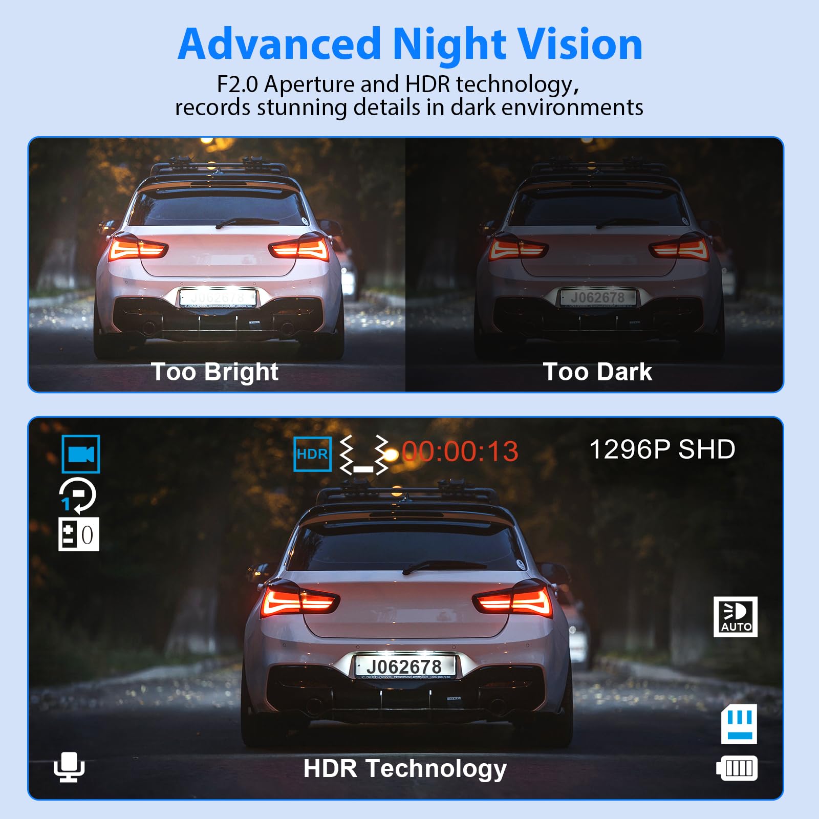 SUVCON 1296P front and rear dash cam for cars, with inside camera, night vision, HDR, 32GB card, loop recording, G-sensor
