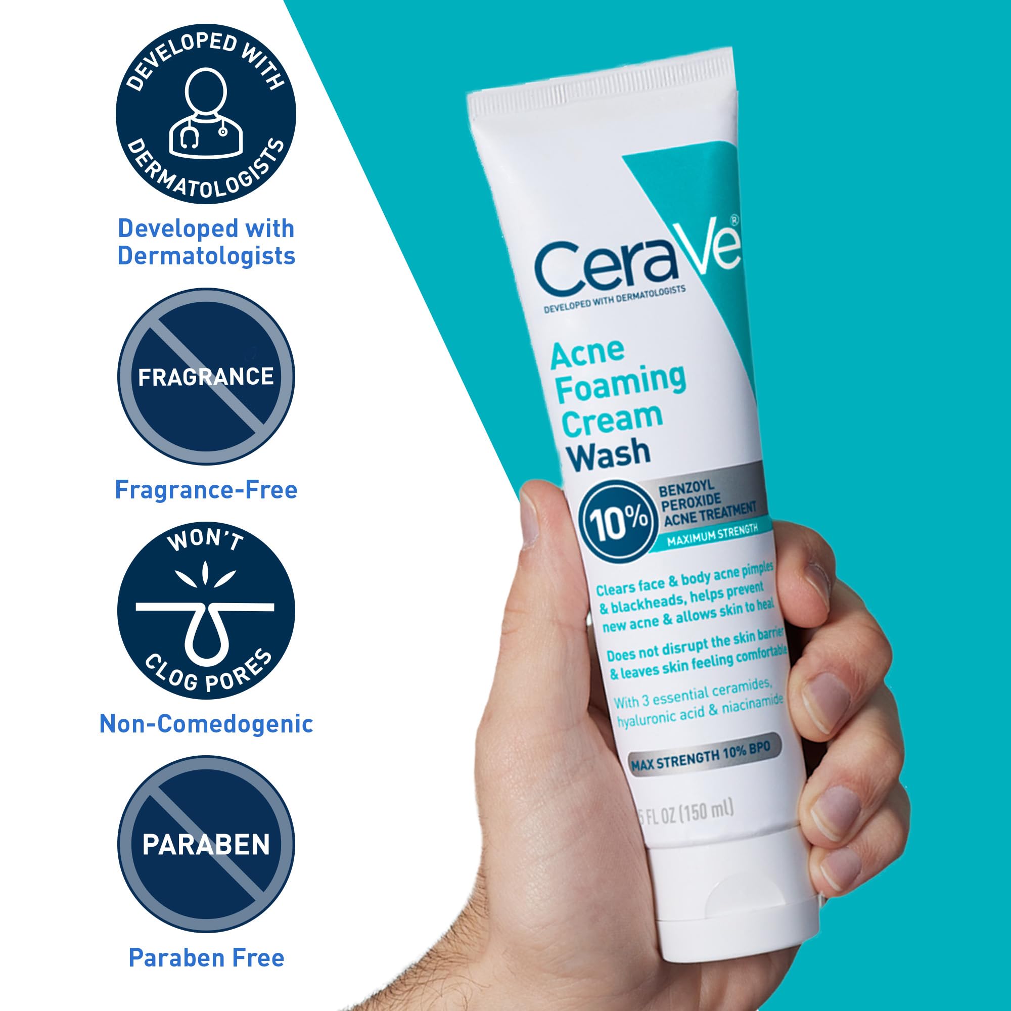 CeraVe Acne Foaming Cream Wash, 10% Benzoyl Peroxide Facial Cleanser - CeraVe Official Product View 7