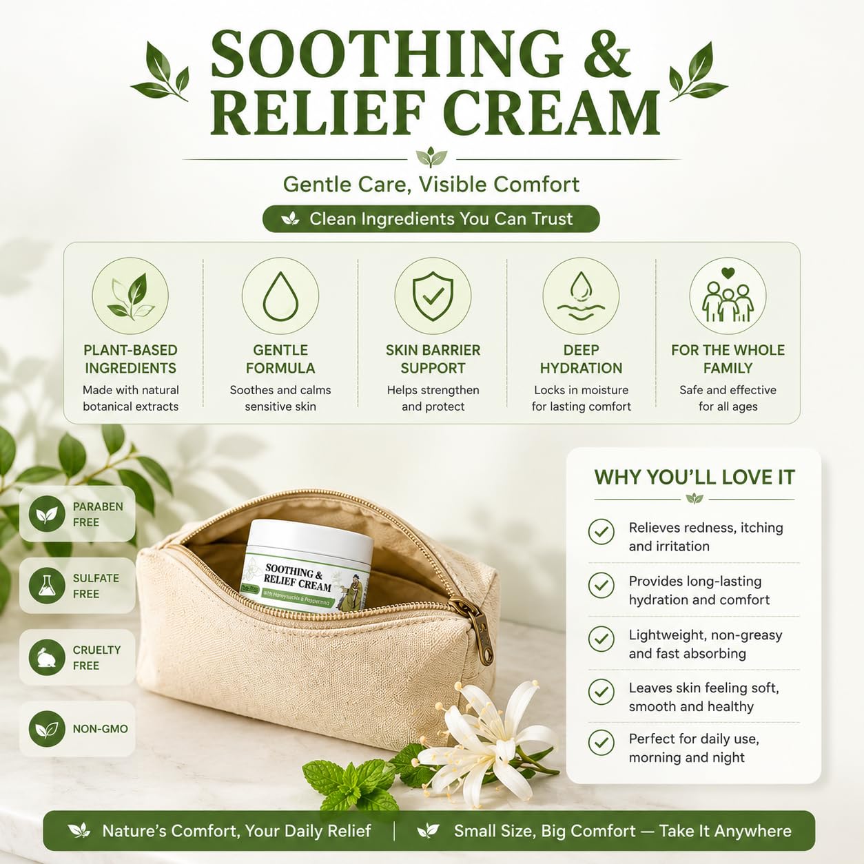LFuTPm Smoothing Relief Cream with honeysuckle, arnica, and MSM, 1oz, moisturizing skin and soothing relief for sensitive skin.