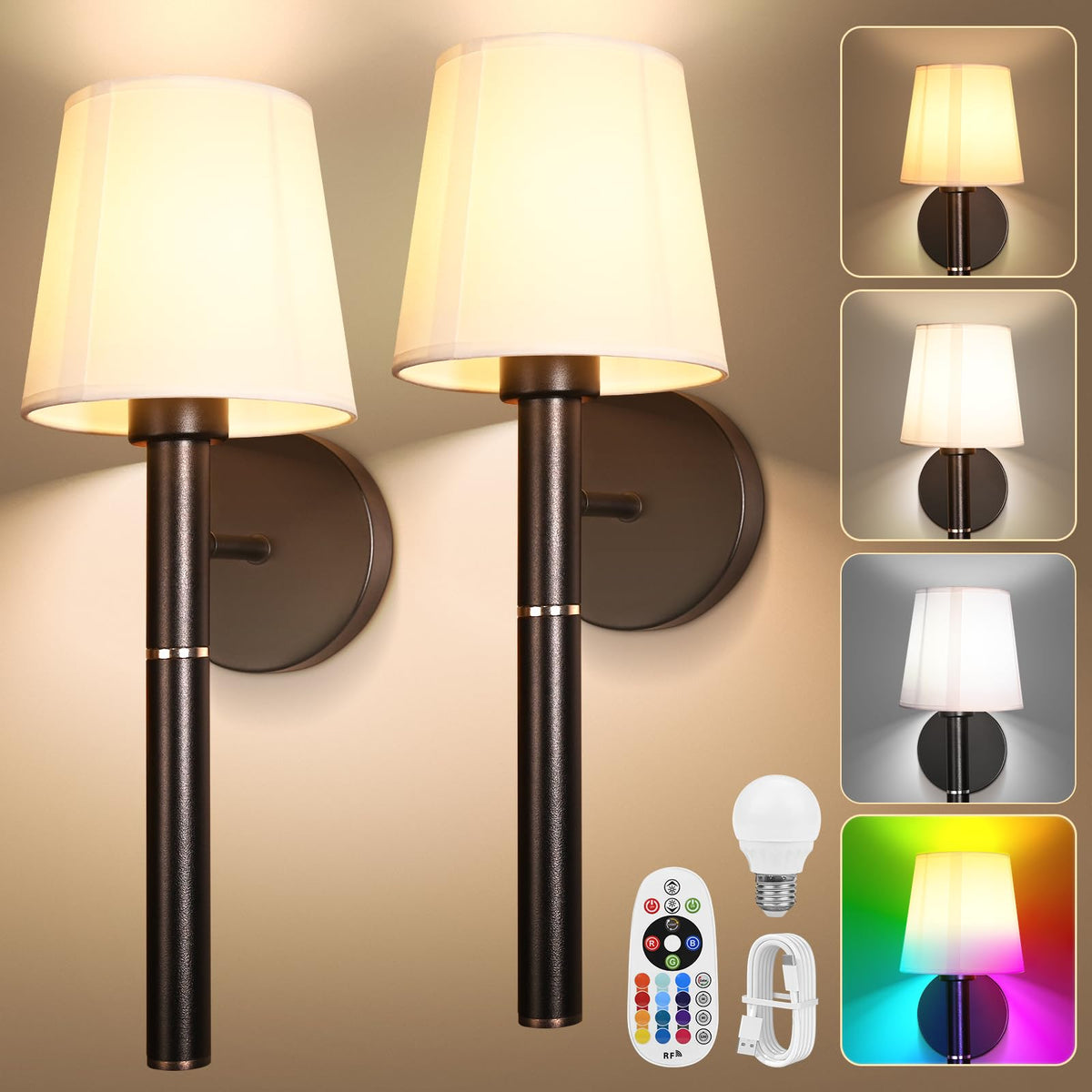 Battery Operated Wall Sconce Set of 2 5200mAh RGB Wireless - Bawoo Official Imagery - 2