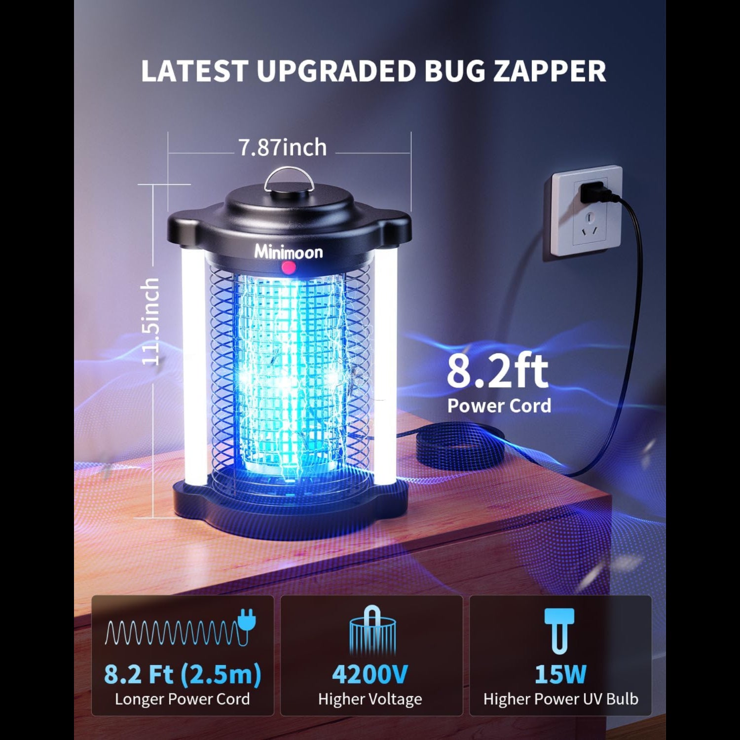 Minimoon outdoor bug zapper with dual LED lights and upgraded mosquito-killing design for outdoor pest control.