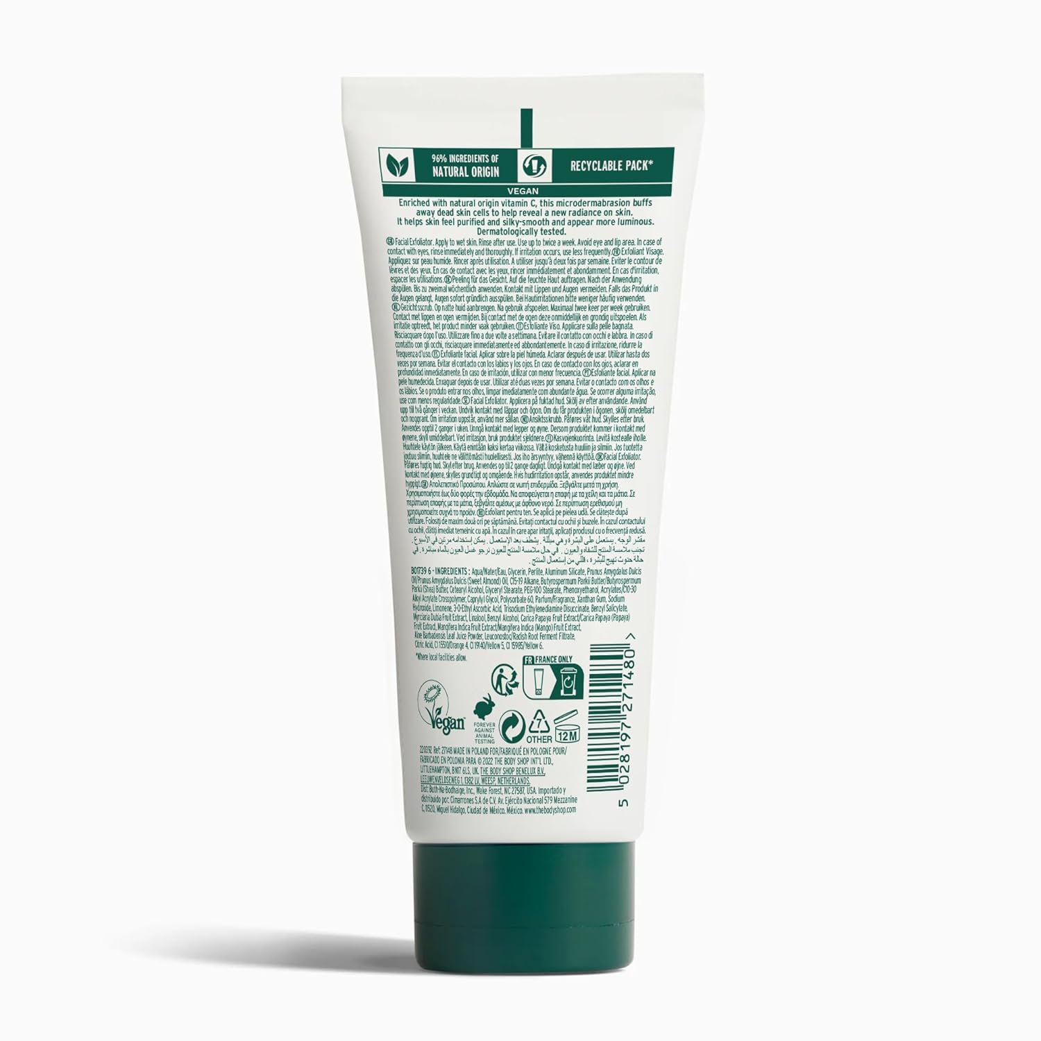 The Body Shop Vitamin C Glow Boosting Microdermabrasion exfoliates dull, tired skin with vegan formula in a 100ml container.