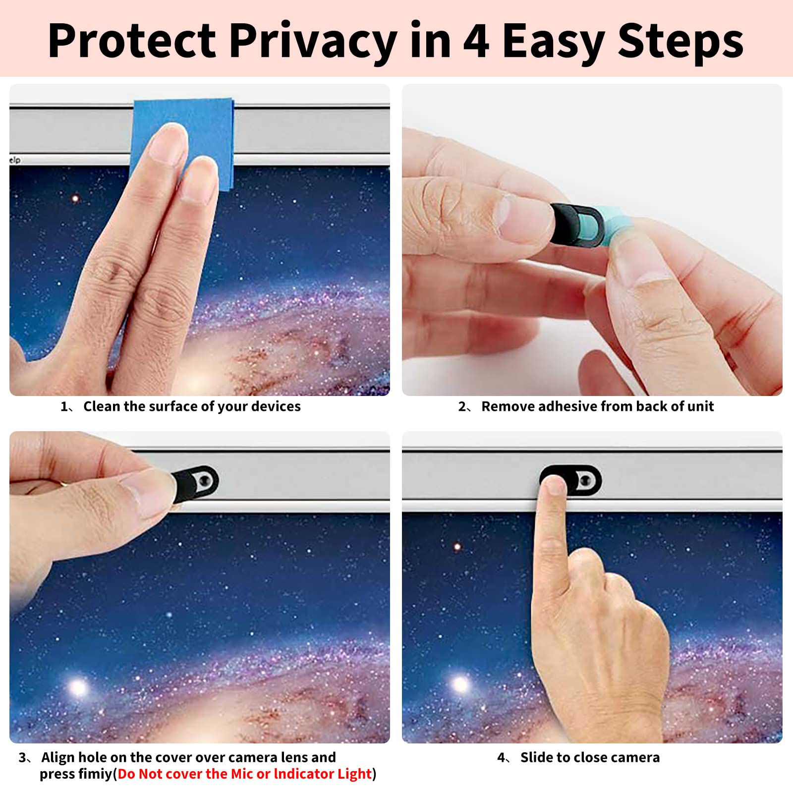 Yilador webcam cover slider in black for laptops, iPhone, iPad, and MacBook, ultra-thin 0.03 inch privacy camera blocker.