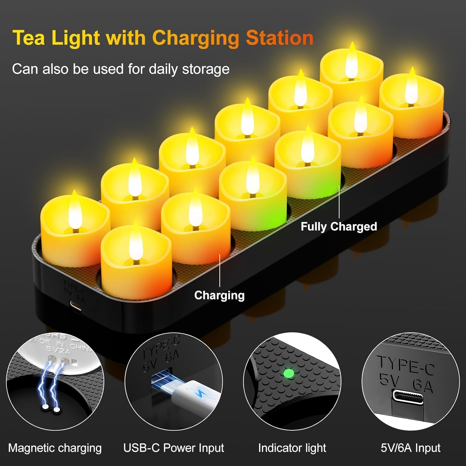 YiaMia 12-pack rechargeable tea lights with magnetic wireless charging, showcasing glowing LED candles on a dark background.