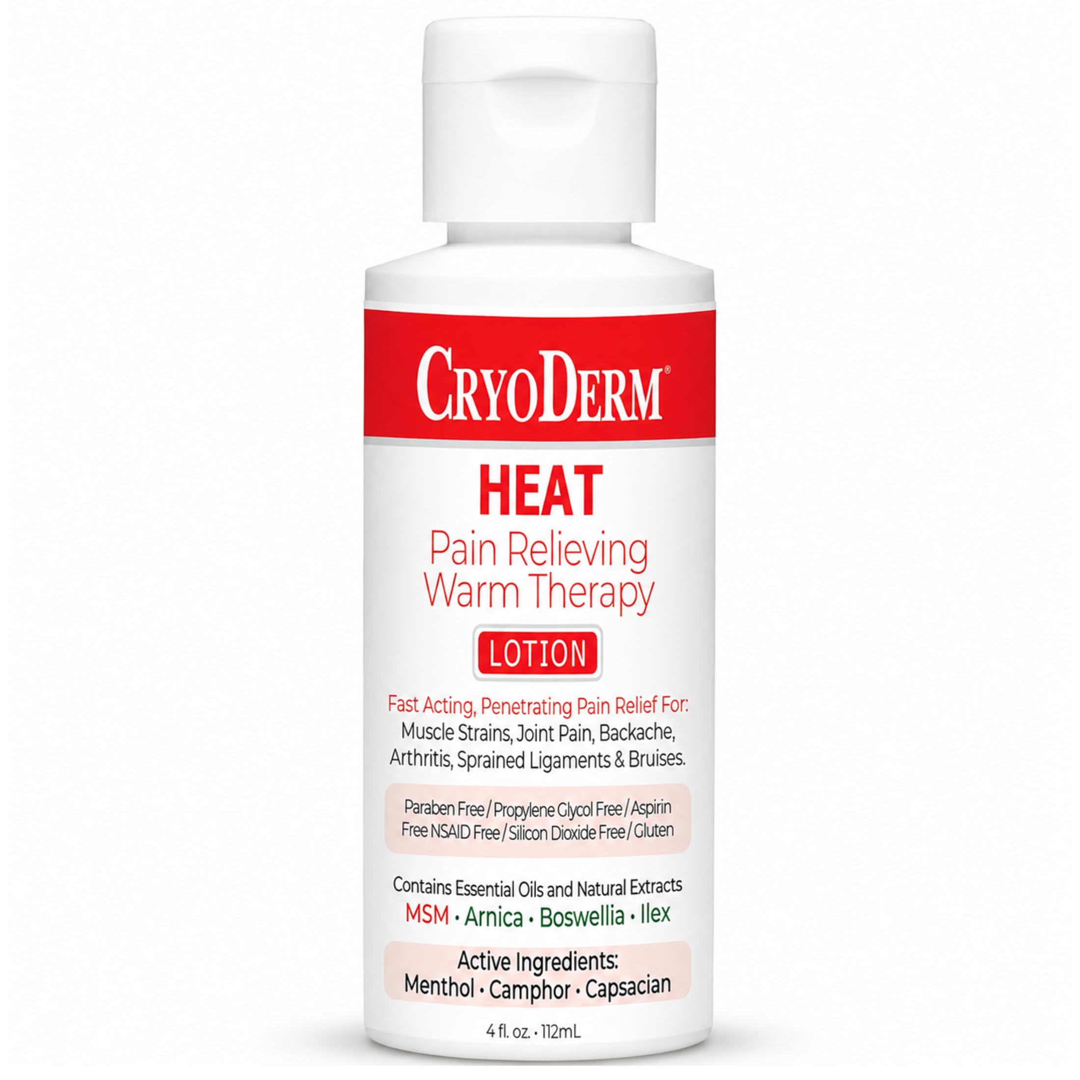 CryoDerm Heat Warming Pain Relief Lotion 4oz bottle, skin care agent for soothing and warming pain relief.