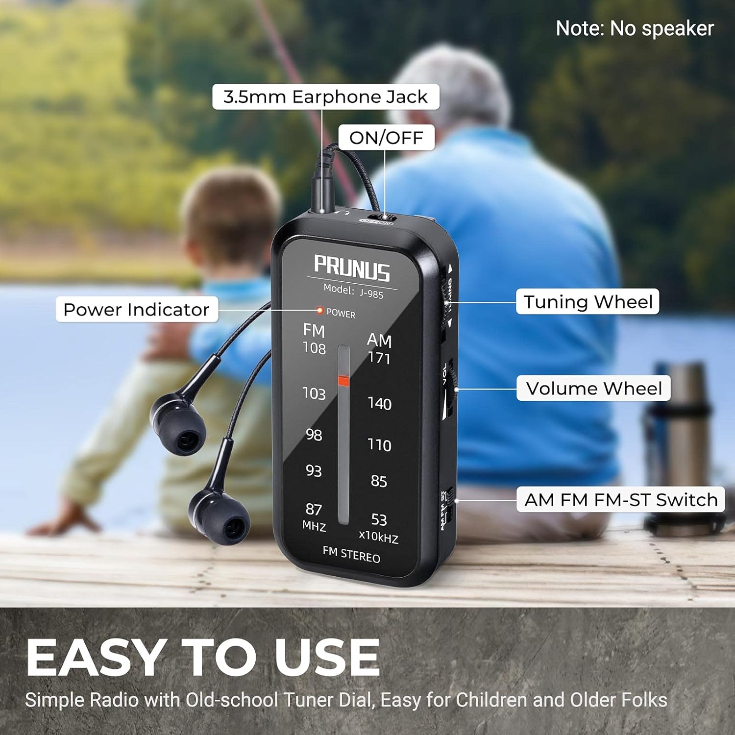 Portable PRUNUS pocket radio with AM/FM stereo tuner, compact design, and battery operation for on-the-go listening.