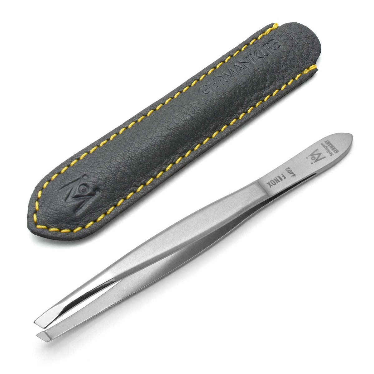 GERMANIKURE Slanted Tweezers Precision German Steel Leather - GERmanikure Official Imagery - 1
