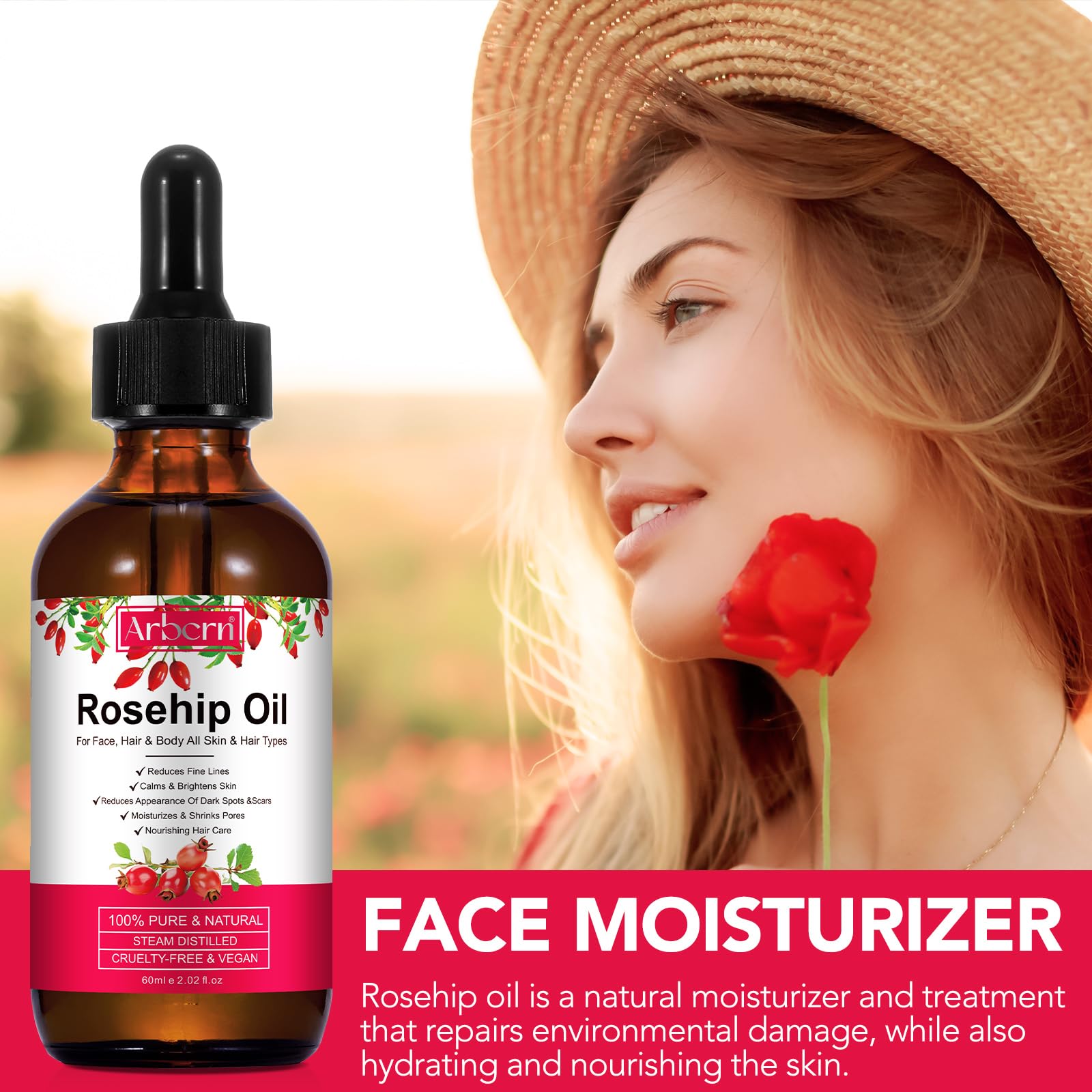 A r b c r n Rosehip Oil for Face,100% Pure Rosehip Seed Oil Cold Pressed - A r b c r n Official Product View 4