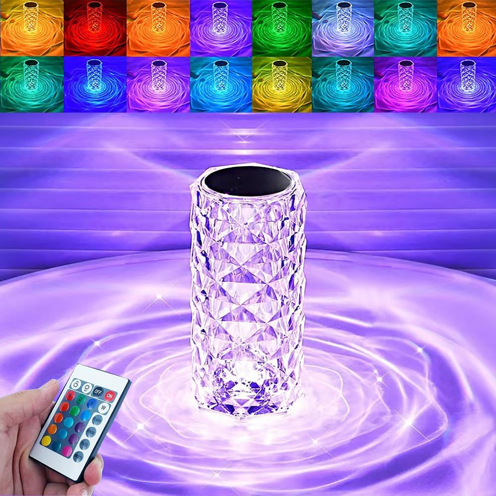 Leroxo portable crystal table lamp with touch control, three color options, rechargeable design, and elegant crystal base.