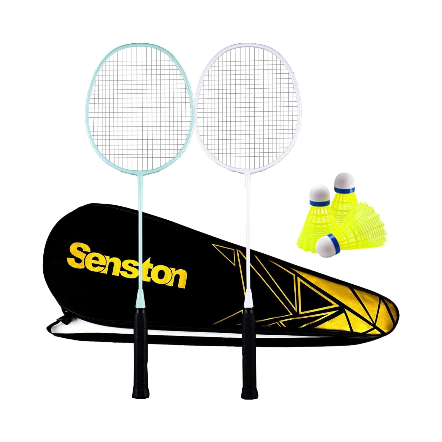 Senston professional badminton racket set with four carbon fiber rackets and six shuttlecocks on a white background.