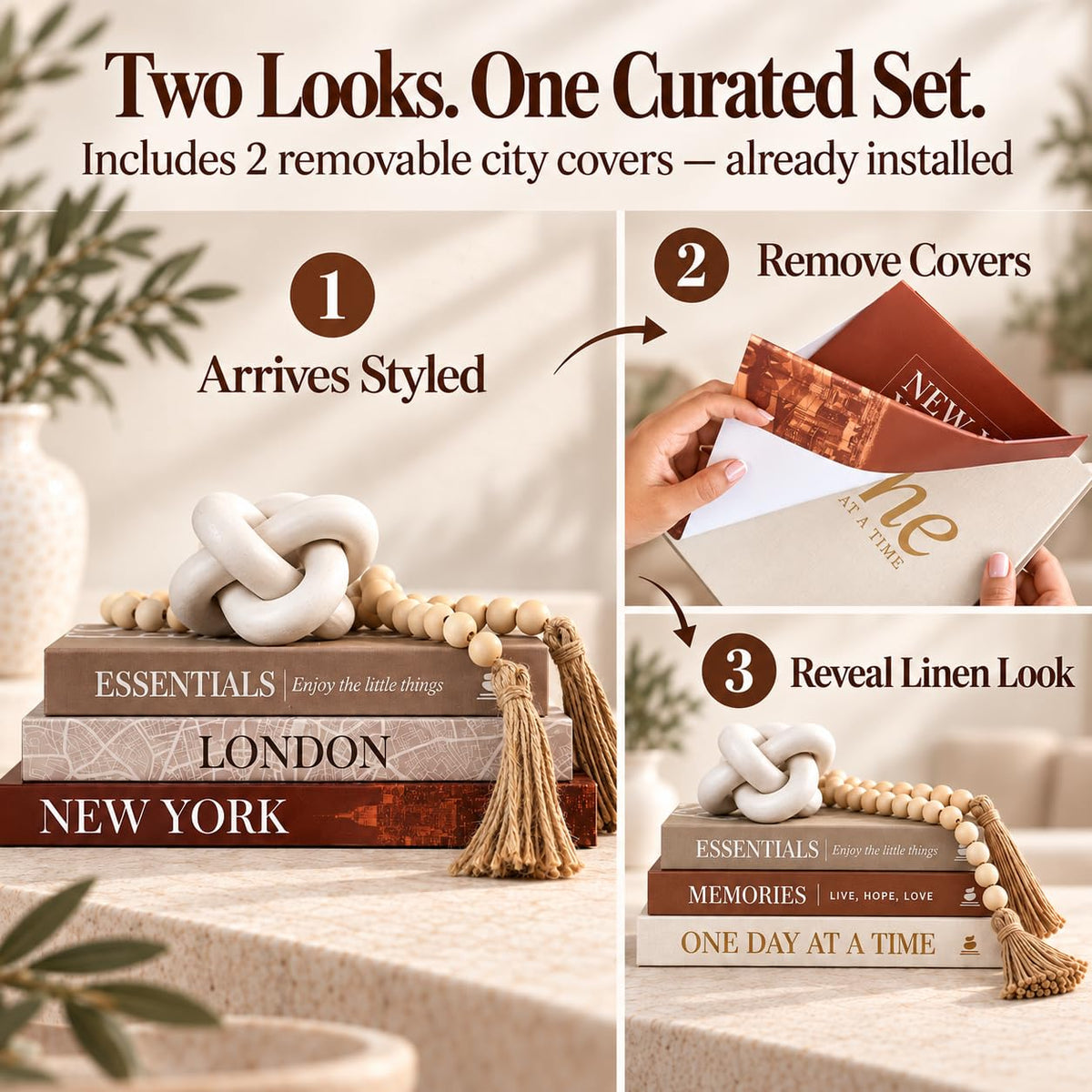 5Pcs Set 3 Linen Decorative Books for Home Decor Wood Knot - JULZEN Official Imagery - 3