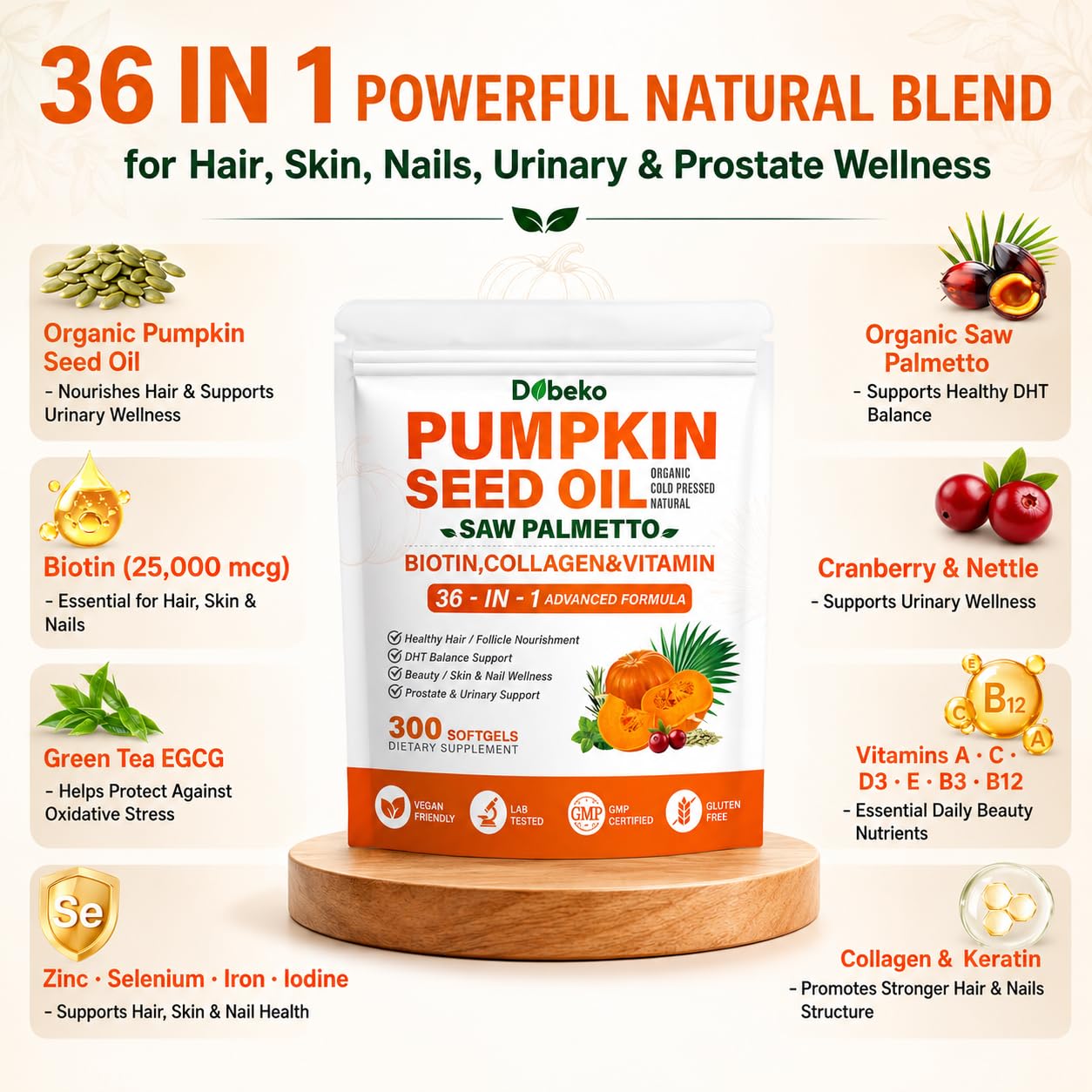 Cold Pressed Pumpkin Seed Oil with Saw Palmetto Capsules for - Dobeko Official Imagery - 3