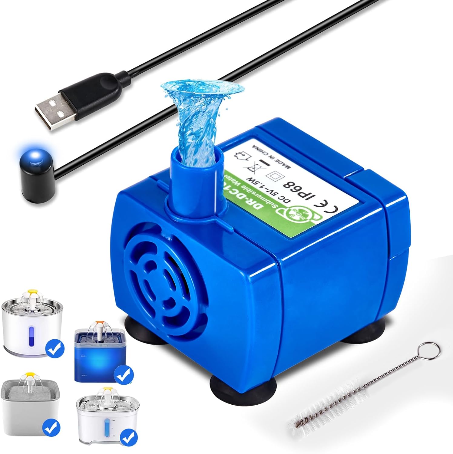 Monsin Cat Water Fountain Pump DR-DC160 replacement motor for round, cubic, and flower cap cat fountains, ensuring continuous water flow.