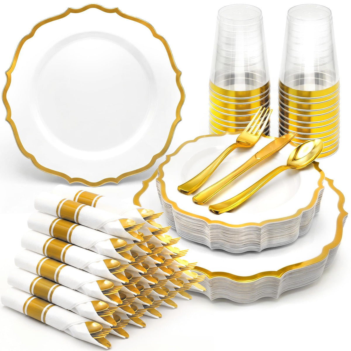 Glowserve 175Pcs Gold Plastic Plates Disposable Party Plates - Glowserve Official Imagery - 1