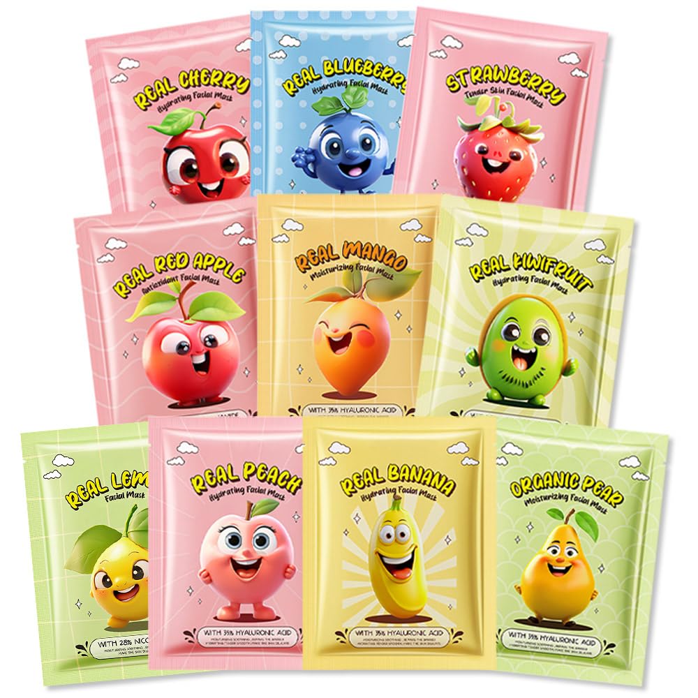 10 Pack Fruit Face Masks for Kids, Kids Face Mask Spa Day Kit - Kaely
