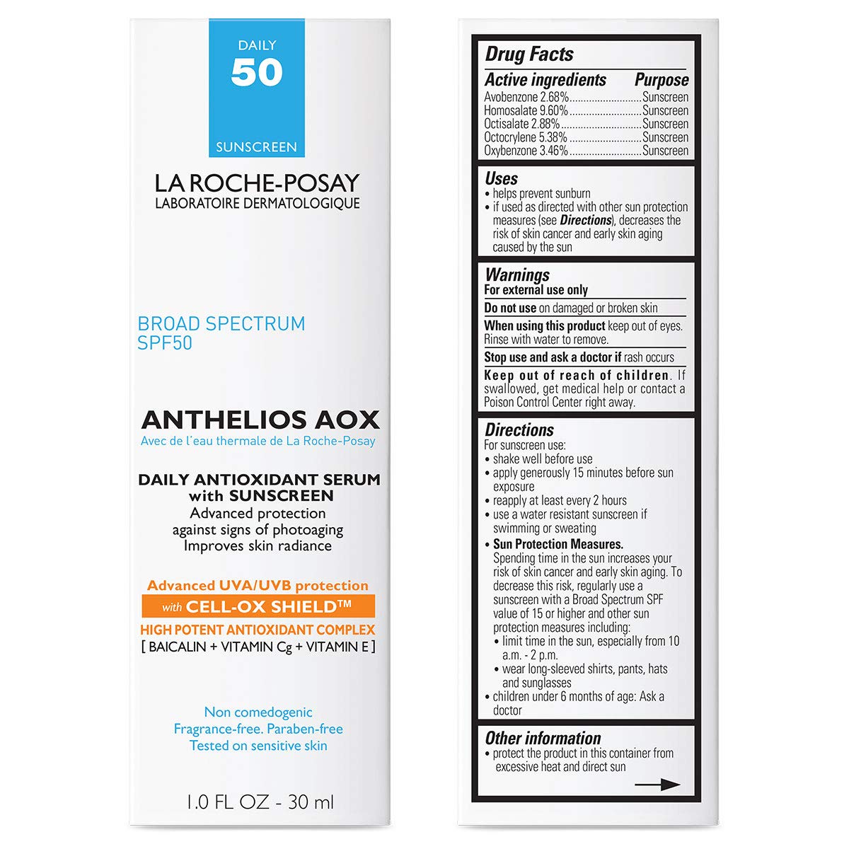 Elefair La Roche-Posay Anthelios AOX Daily Antioxidant Serum with SPF, clear bottle with pump, shown on a white background.