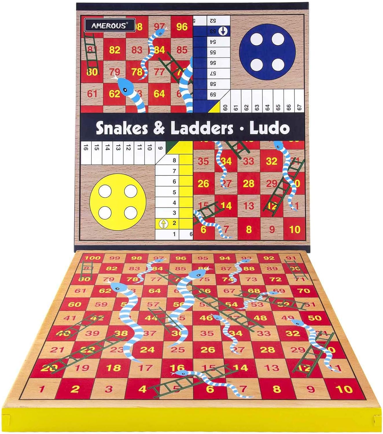 AMEROUS 12-inch wooden Ludo board game with snakes and ladders design, featuring colorful game pieces on a smooth wooden surface.
