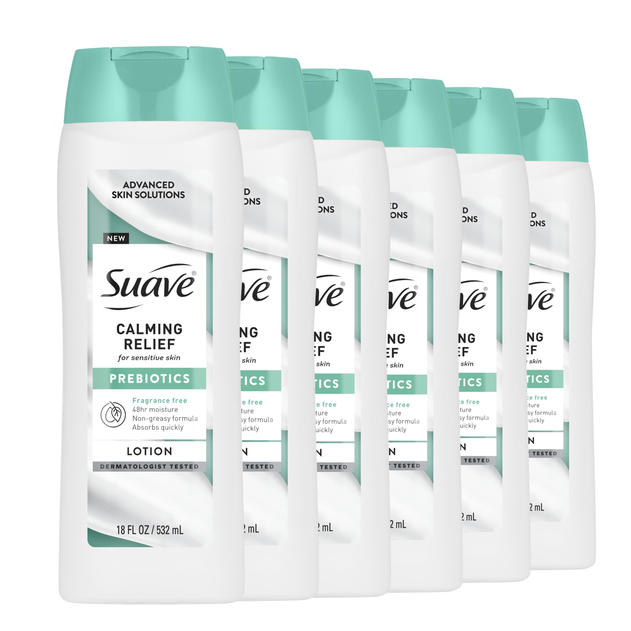 Suave Calming Relief Hand & Body Lotion for Women With Prebiotics For Sensitive Skin, Fragrance & Allergen Free, Helps Restore Skin's Moisture Barrier, 18 FL OZ, 6 Pack