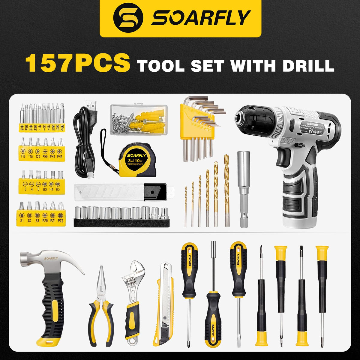 157 Piece Tool Set 8V Cordless Drill Set Hand Tool Kit for - SOARFLY Official Imagery - 7