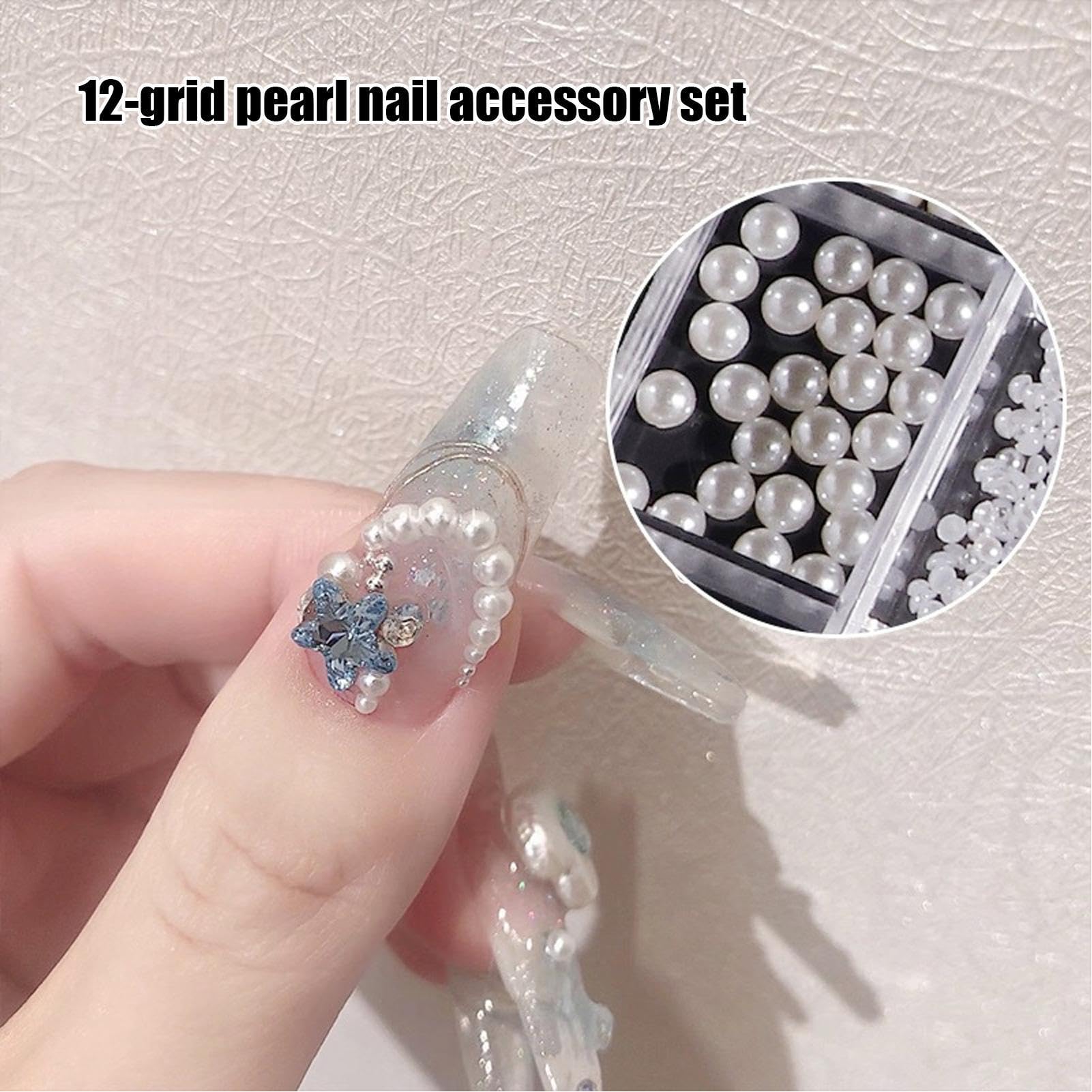 Glitter nail charms with pearl decorations for manicures, showcasing colorful embellishments and manicure tools.