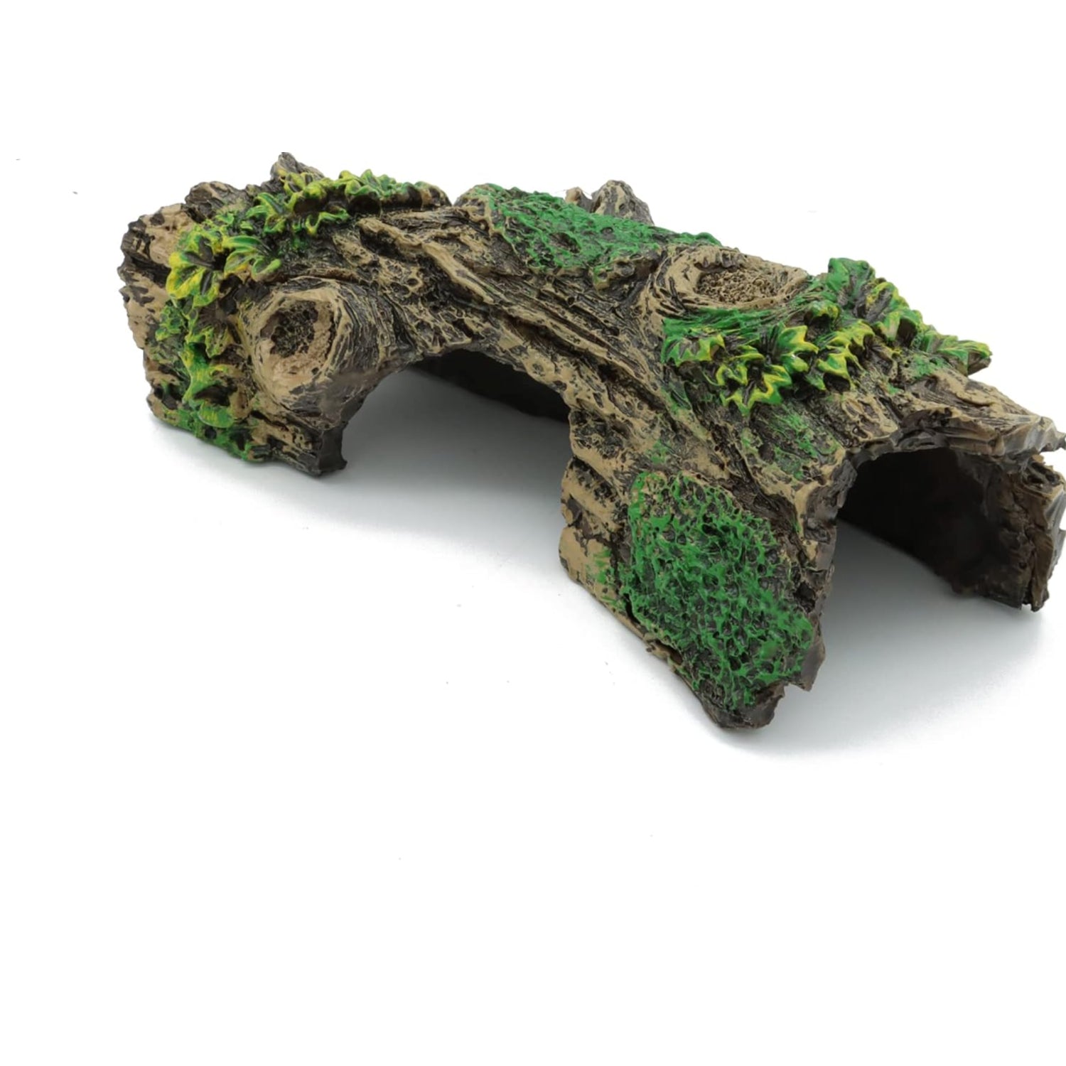 JIH Aquarium Decorations Resin Hollow Tree Trunk Ornament serving as a bettas house in a fish tank.