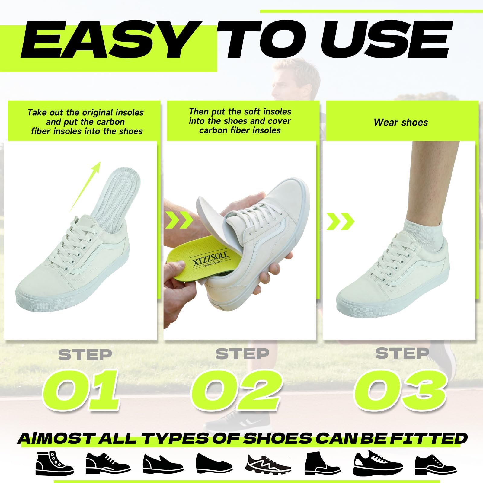 XTZZSOLE Carbon Fiber Arch Support Insoles 3/4 Length