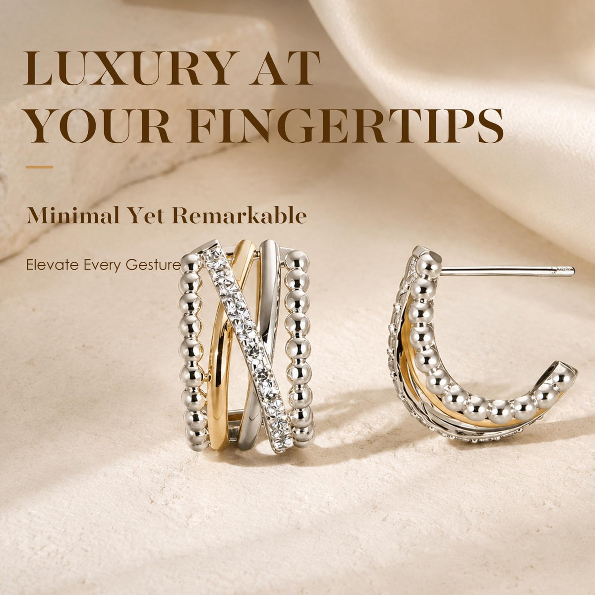 Two Tone Jewelry Twisted CZ Hoop Stud Earrings Rhodium - MWAHXIAO Official Imagery - 4
