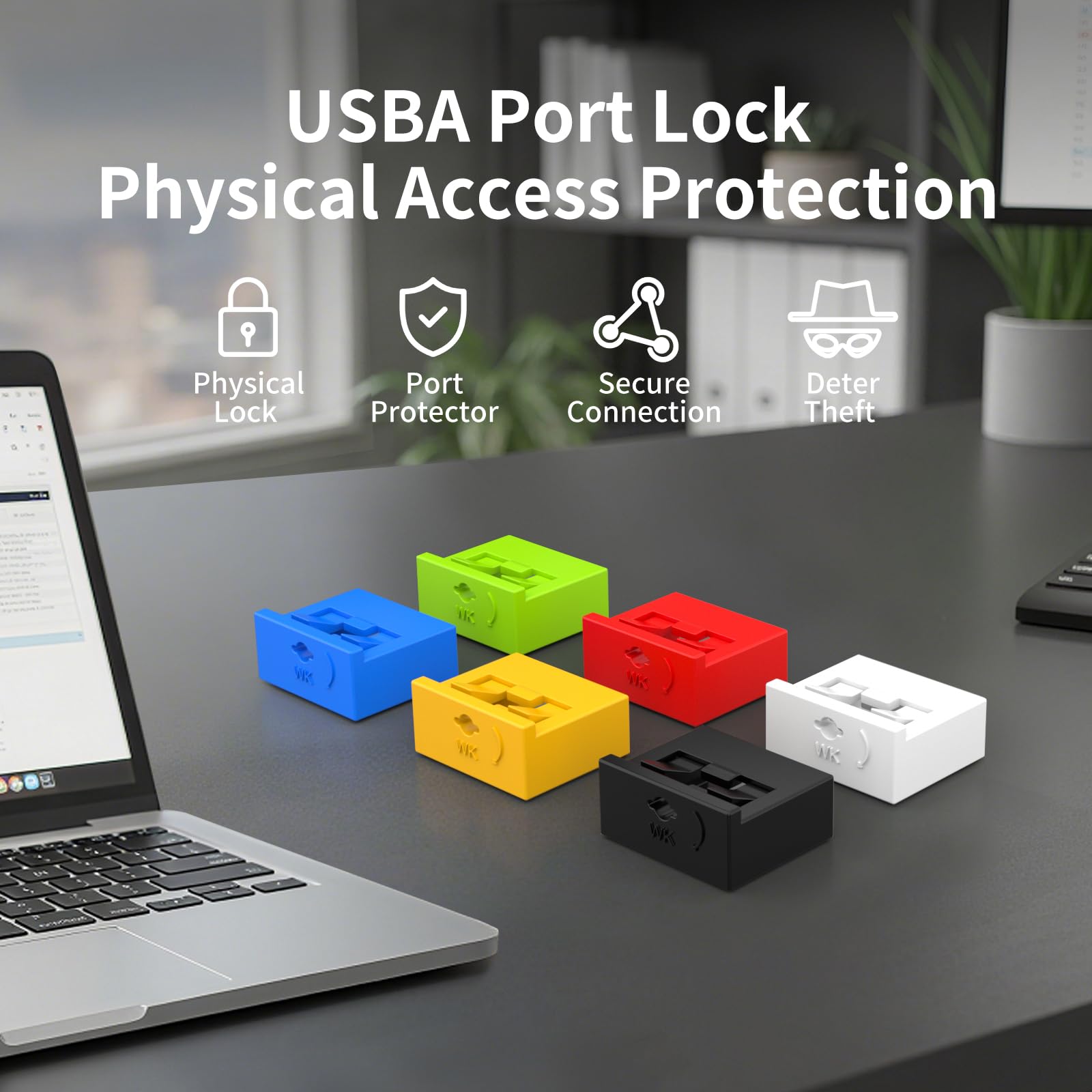 Green USB-A port blockers with keys, designed for laptops and PCs to prevent dust, moisture, and tampering.