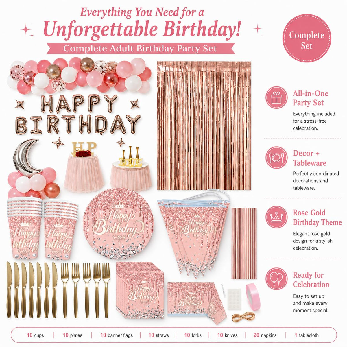 ONICON Metallic Pink Birthday Decorations Women Girls - ONCIDO Official Imagery - 5