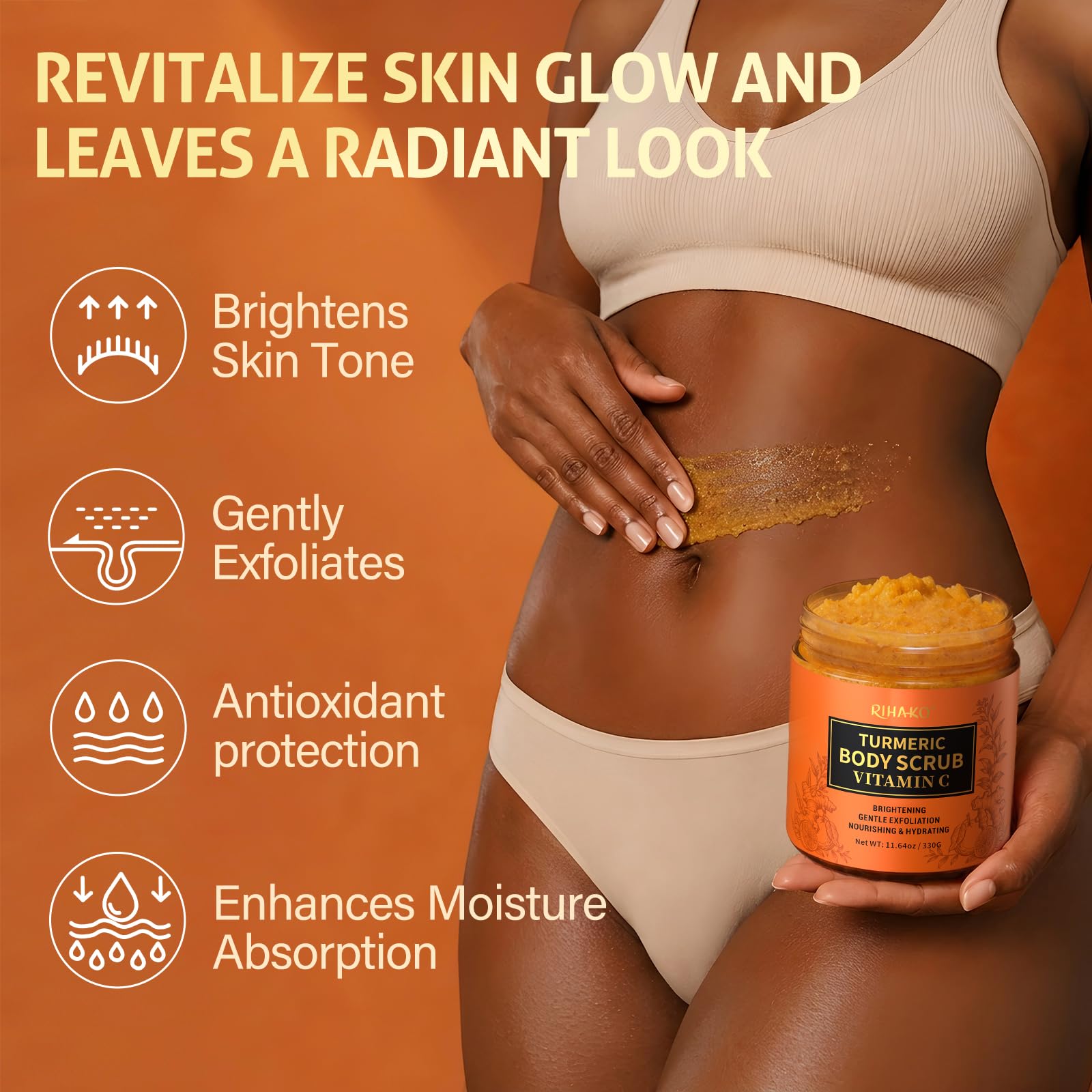 RIHAKO Turmeric Body Scrub, Exfoliating Body Scrub with Vitamin C, Deep - RIHAKO Official Product View 4