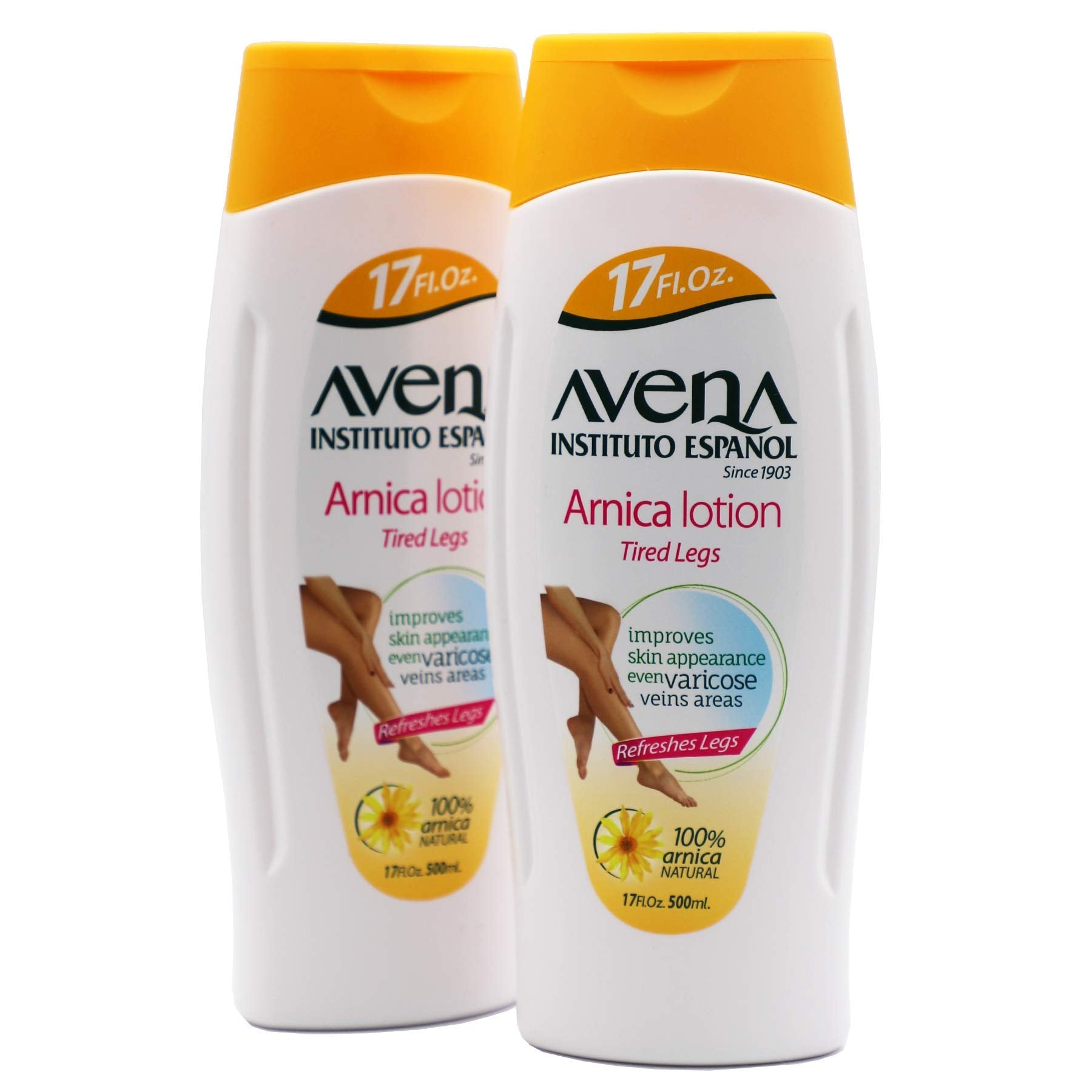 Avena Instituto Español Arnica Lotion for Tired Legs, 2-pack, soothing skin moisturizer in pump bottles with arnica extract.