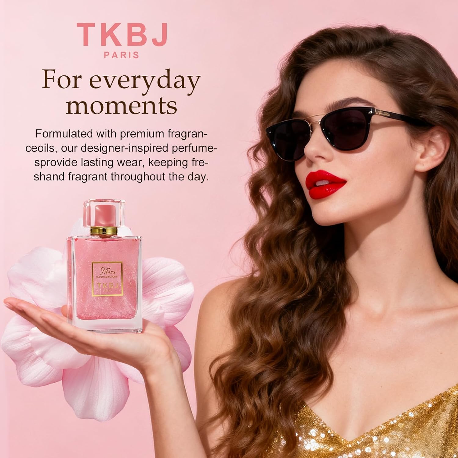 Miss Blooming Bouquet floral fruity eau de toilette for women by TKBJ, featuring a delicate glass perfume bottle with a floral design