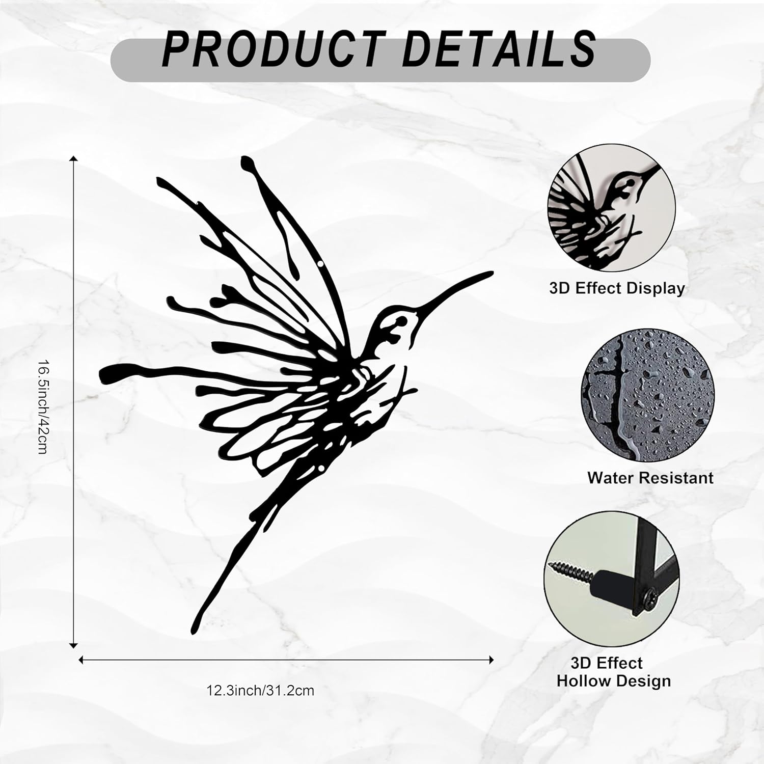 3D Metal Hummingbird Wall Art - Unique Black Outdoor Garden Decor, Waterproof Bird Sculpture