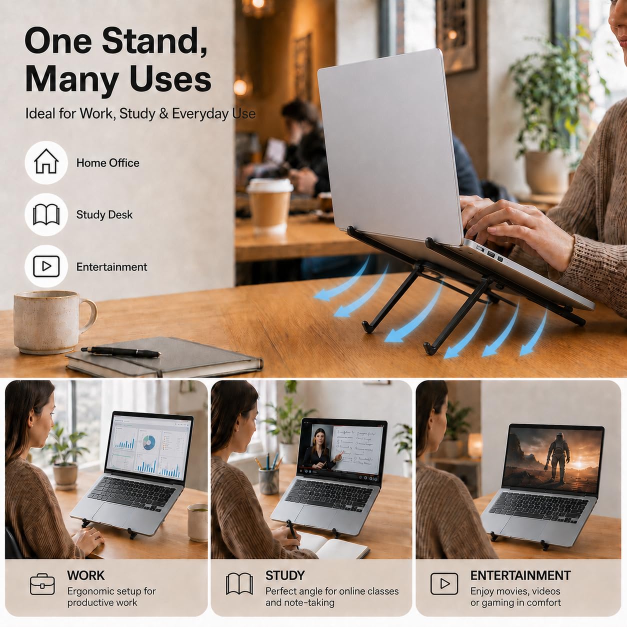 GENTERUN 3-in-1 laptop stand with magnetic phone holder, adjustable aluminum riser for MacBook and iPhone with MagSafe.