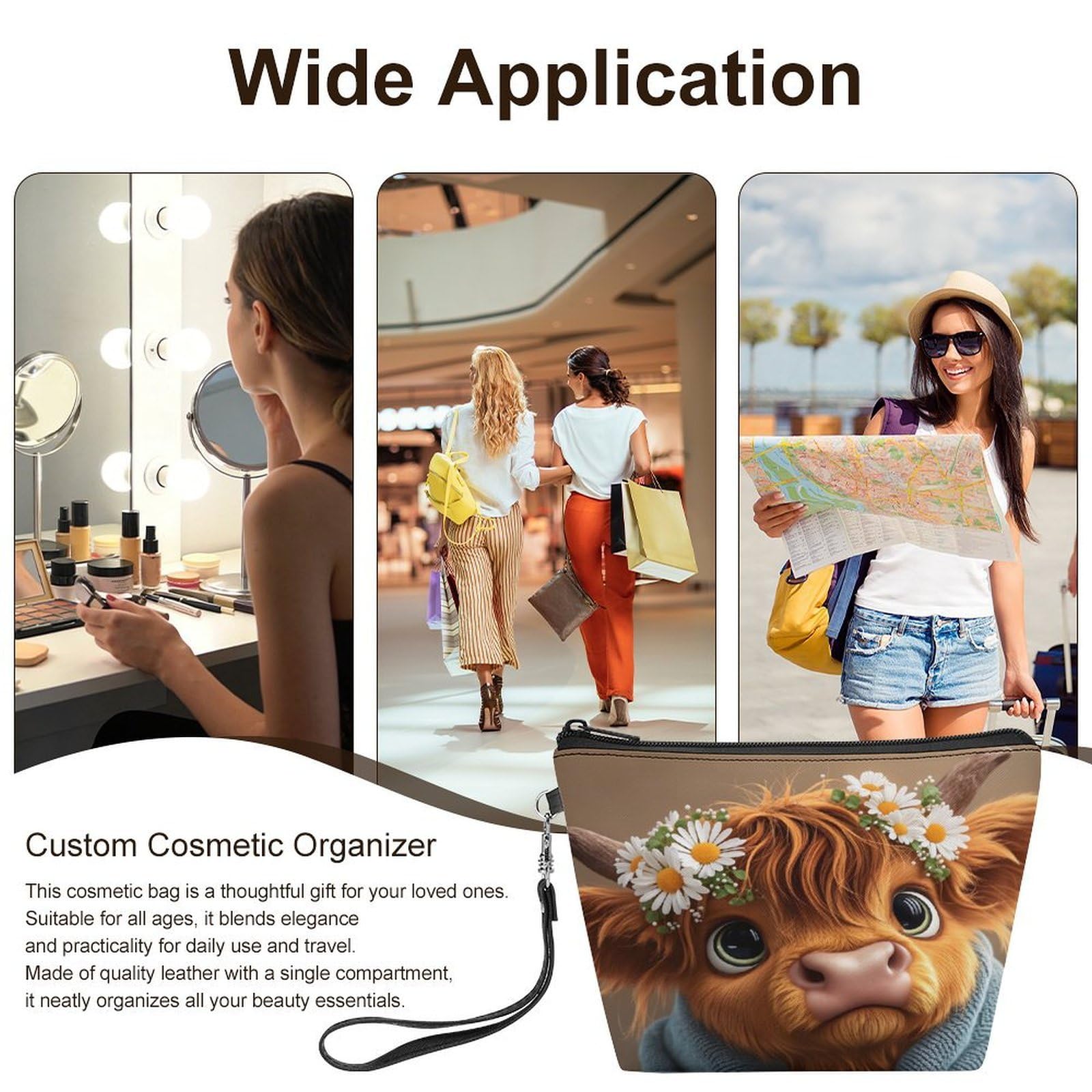 Qfsdijnig cute cow-shaped cosmetic bag with wrist strap, made of PU leather, designed for storing beauty essentials.