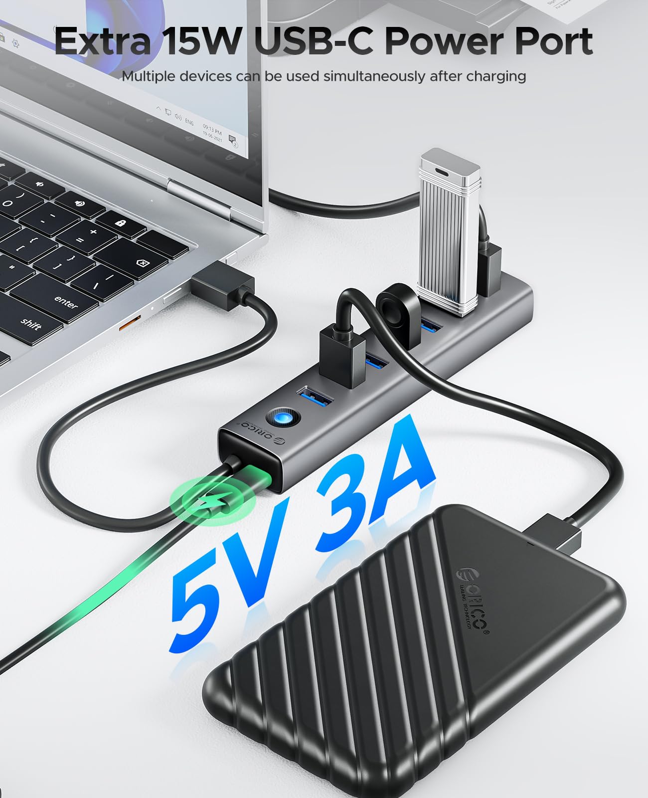 ORICO 7-port USB 3.0 hub with aluminum body, multiple USB ports, 5Gbps transfer speed, and a 1.64ft cable for desktop and PC use.