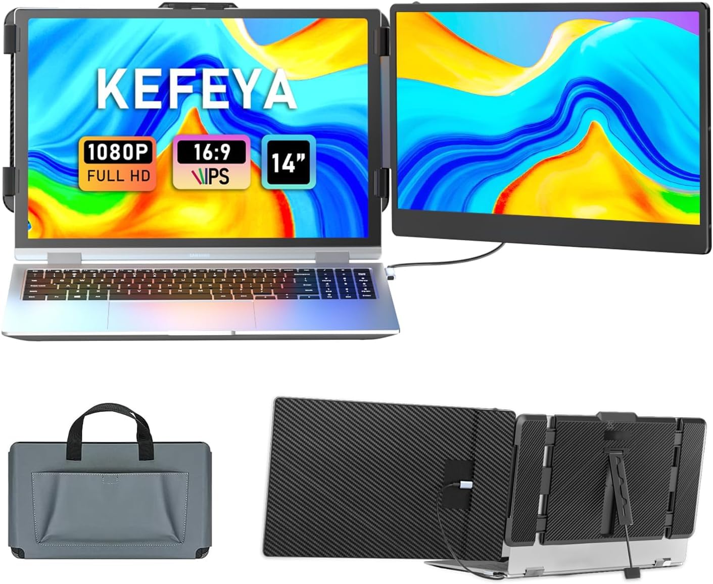 KEFEYA 14-inch FHD IPS portable laptop monitor extender with dual screens, USB-C and HDMI ports for Windows, Mac, Android, Switch, PS5