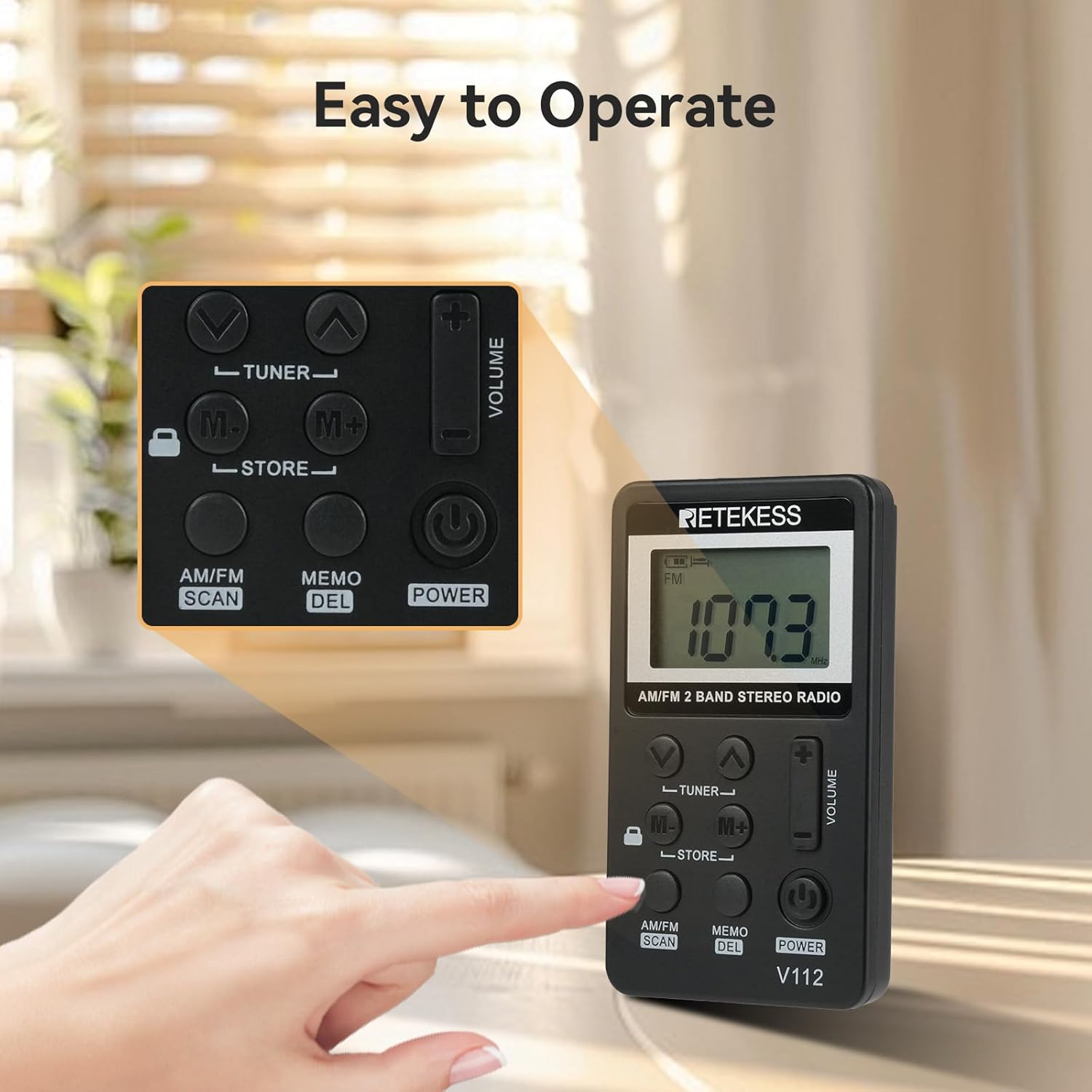 Retekess V112 AM FM pocket radio in black with LCD display, earphone, rechargeable battery, ideal for walking, jogging, and training
