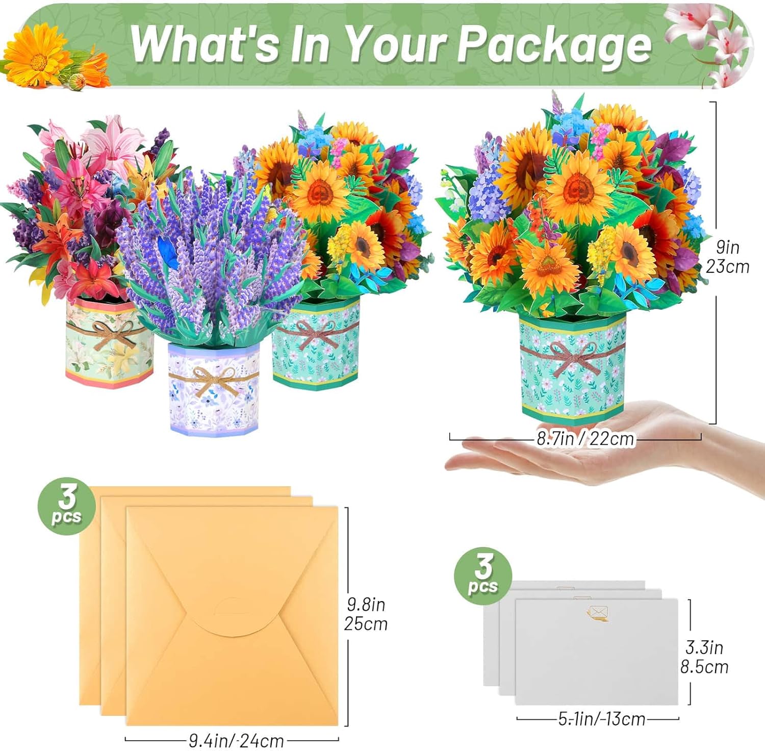 Set of three Caffox paper flower pop-up greeting cards featuring 3D flower bouquet designs for special occasions