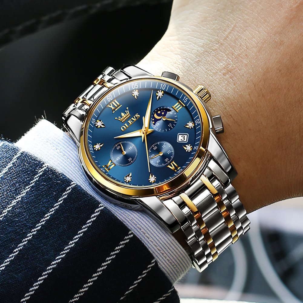 OLEVS Men's Luxury Dress Watch Blue Gold Silver Waterproof