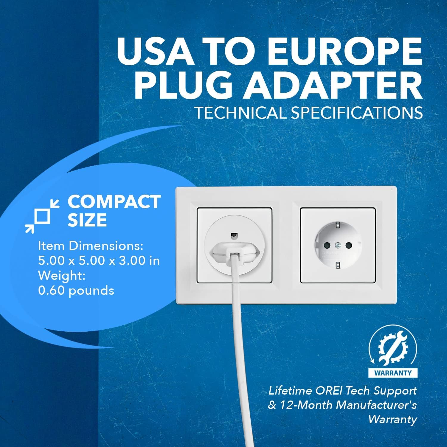 OREI American to European Type E/F Schuko plug adapter for mobile, laptop, and camera chargers, CE certified, 6-pack.