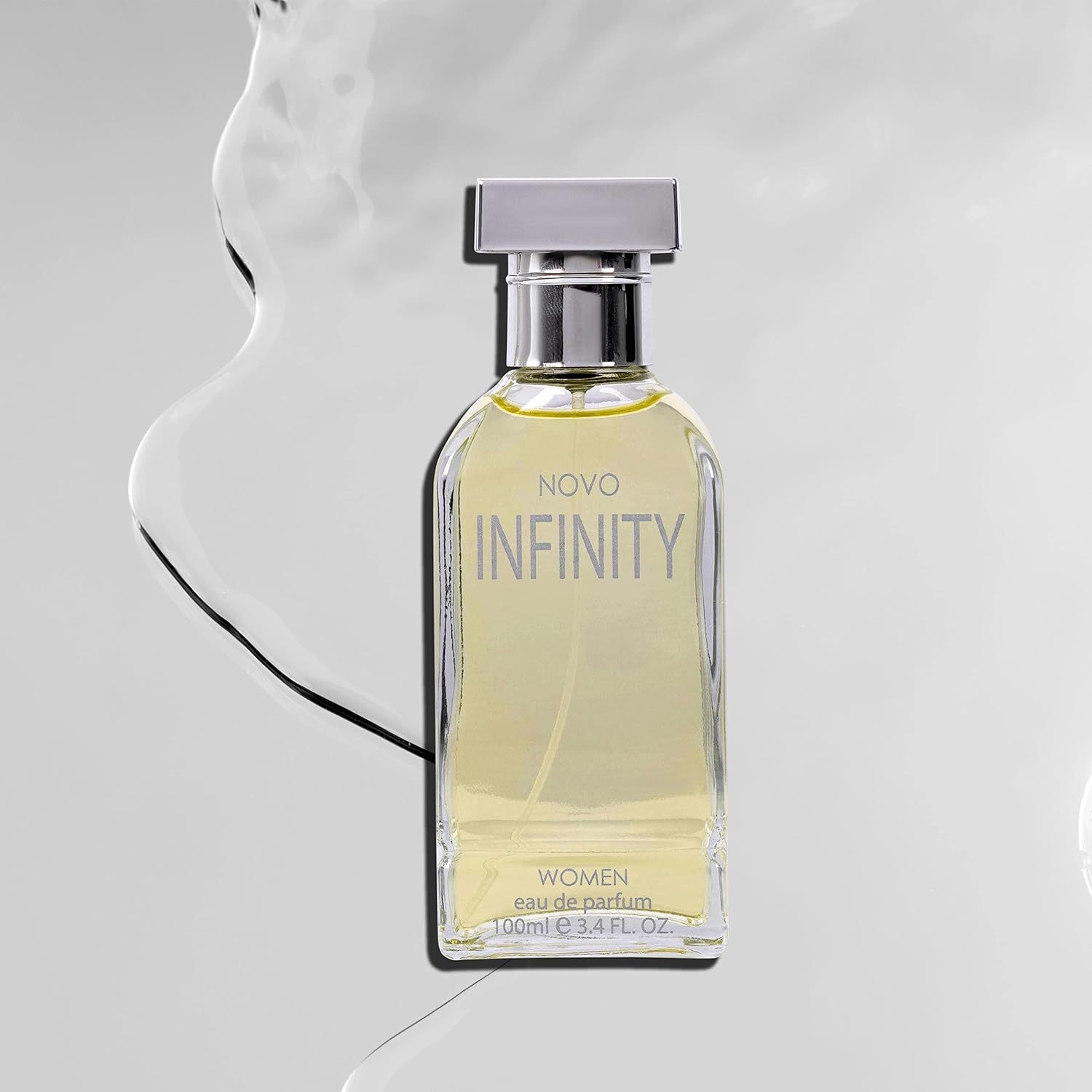 NovoGlow Novo Infinity women's Eau De Parfum spray bottle, 3.4 oz, with sleek design and elegant packaging.