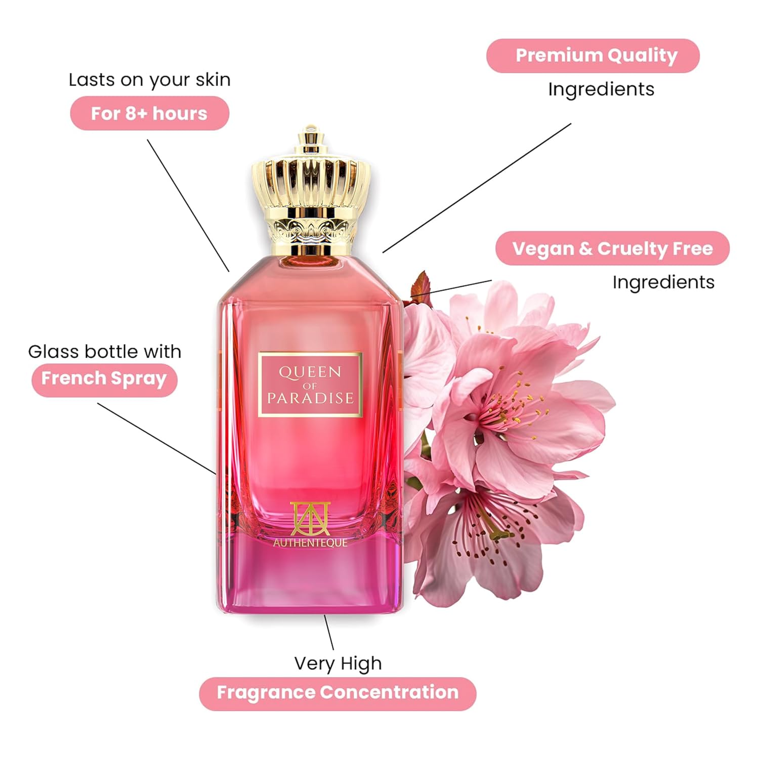AUTHENTEQUE Queen of Paradise long-lasting vanilla eau de parfum for women, featuring elegant perfume bottle with floral design.