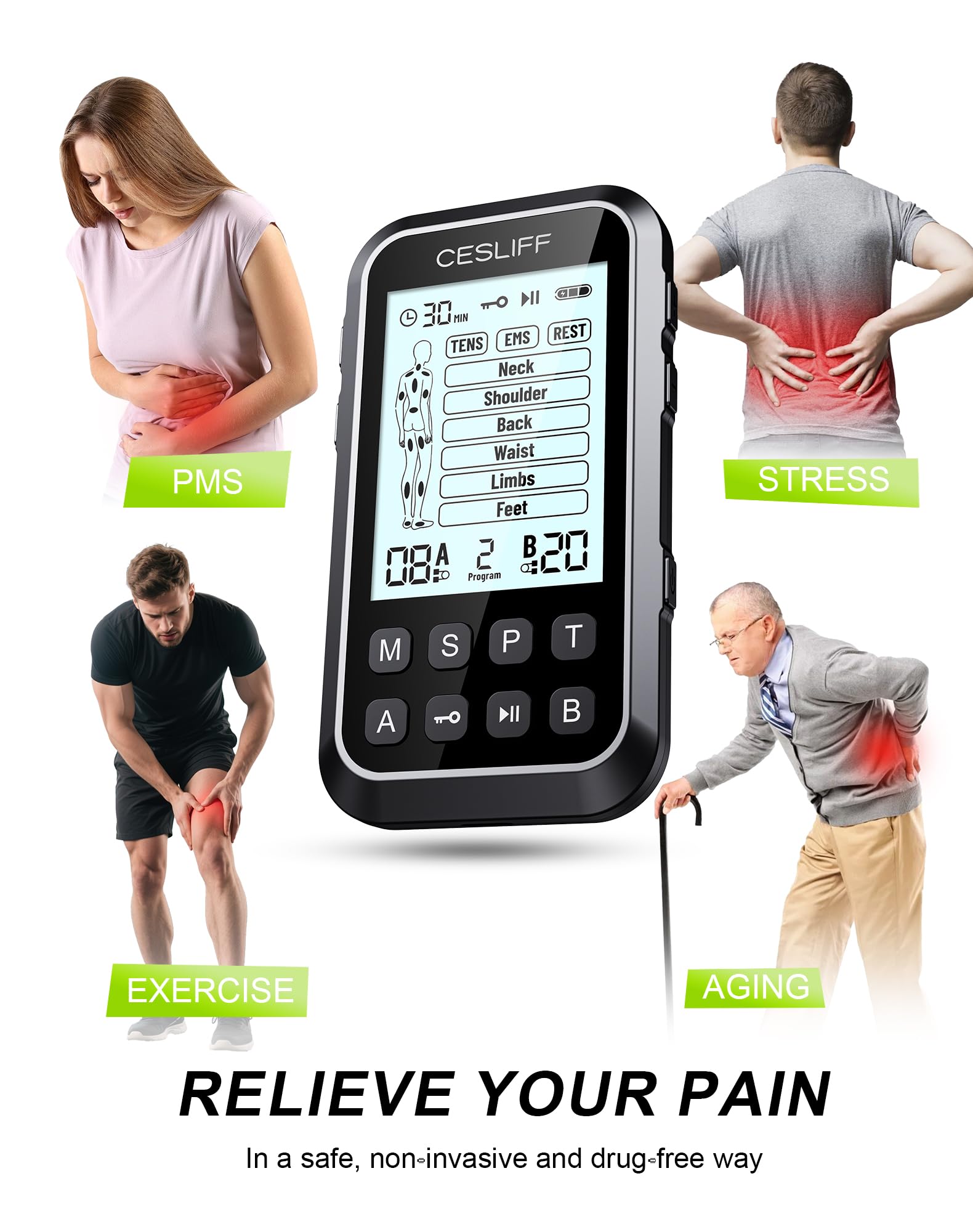 CESLIFF Dual Channel TENS Unit 3-in-1 Muscle Stimulator Machine with 36 Modes & 20 Levels for Shoulder, Back, Neck, Sciatica Pain Relief