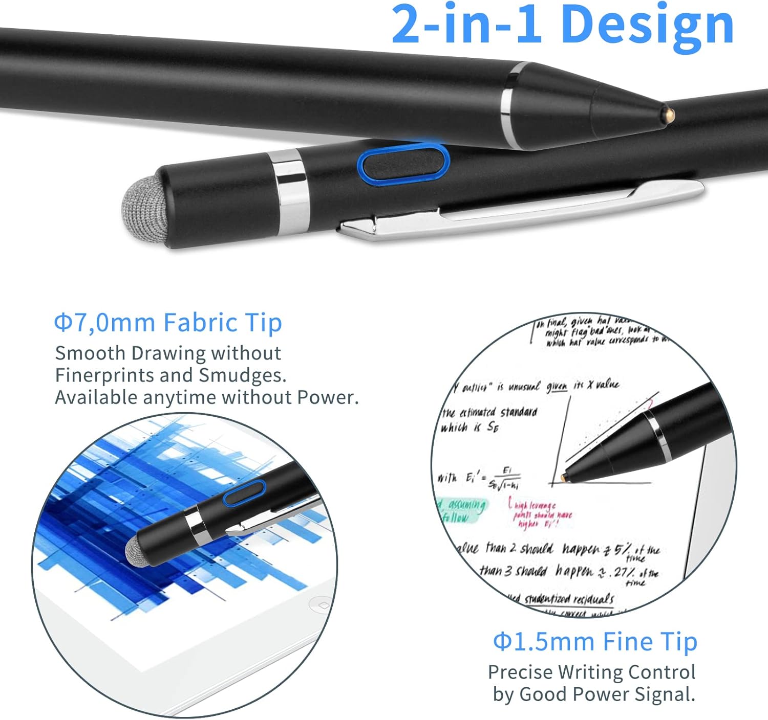 EVACH active digital stylus with ultra-fine tip for iPad, iPhone, and Samsung tablets, shown with sleek black design and precise tip.