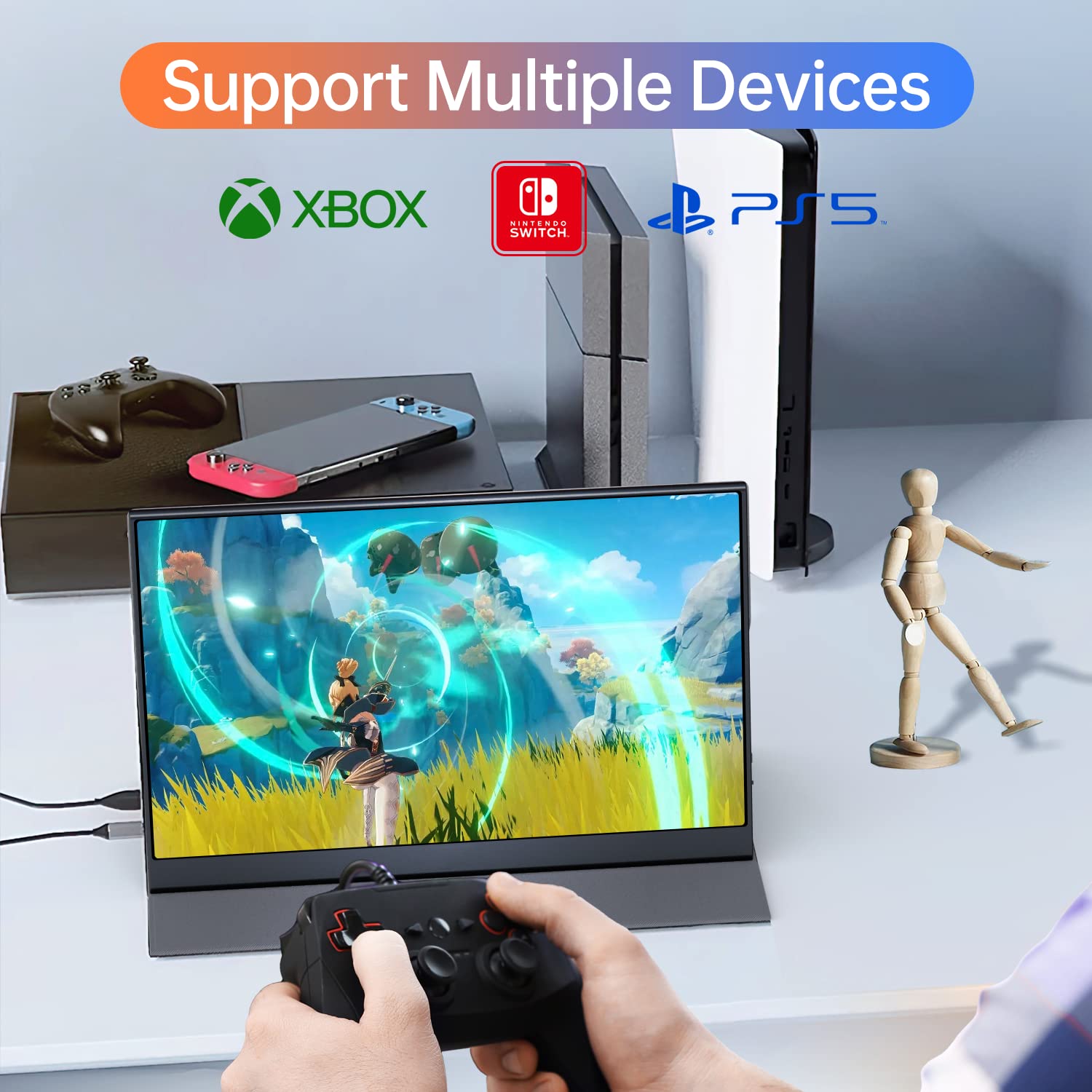 ForHelp 15.6-inch portable monitor with 1080P display, USB-C HDMI input, IPS screen, ultra-thin design, and smart cover.
