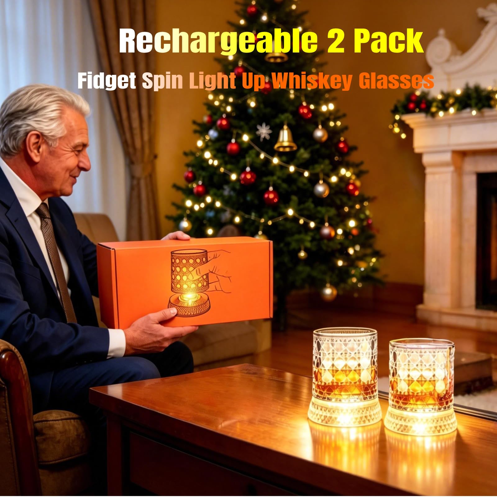 OPYAAON Rechargeable 2 Pack Fidget Spin Light Up Whiskey Glasses, - OPYAAON Official Product View 3