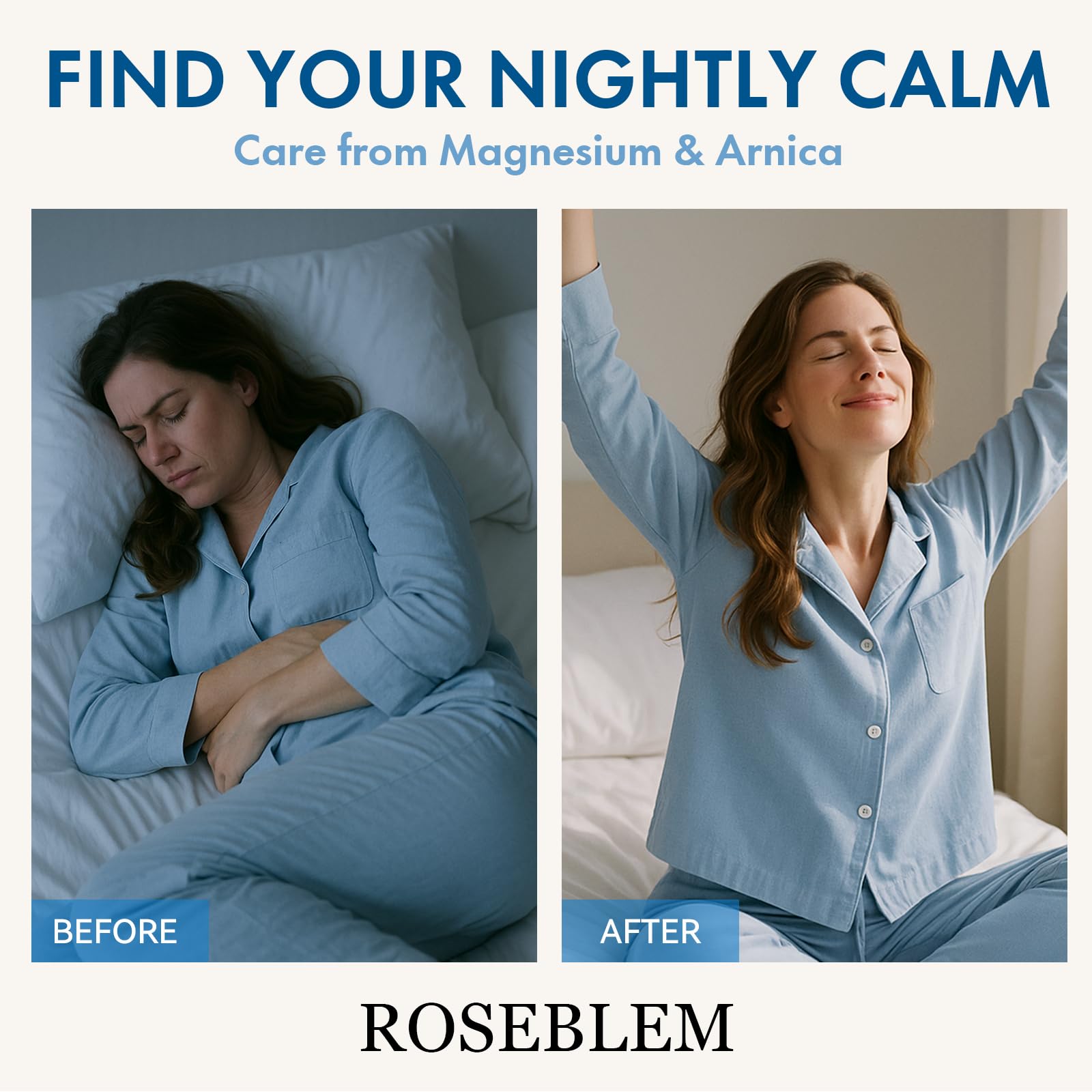 Roseblem Magnesium Cream with arnica and lavender, a gentle moisturizer for muscle relief, relaxation, and sensitive skin care.