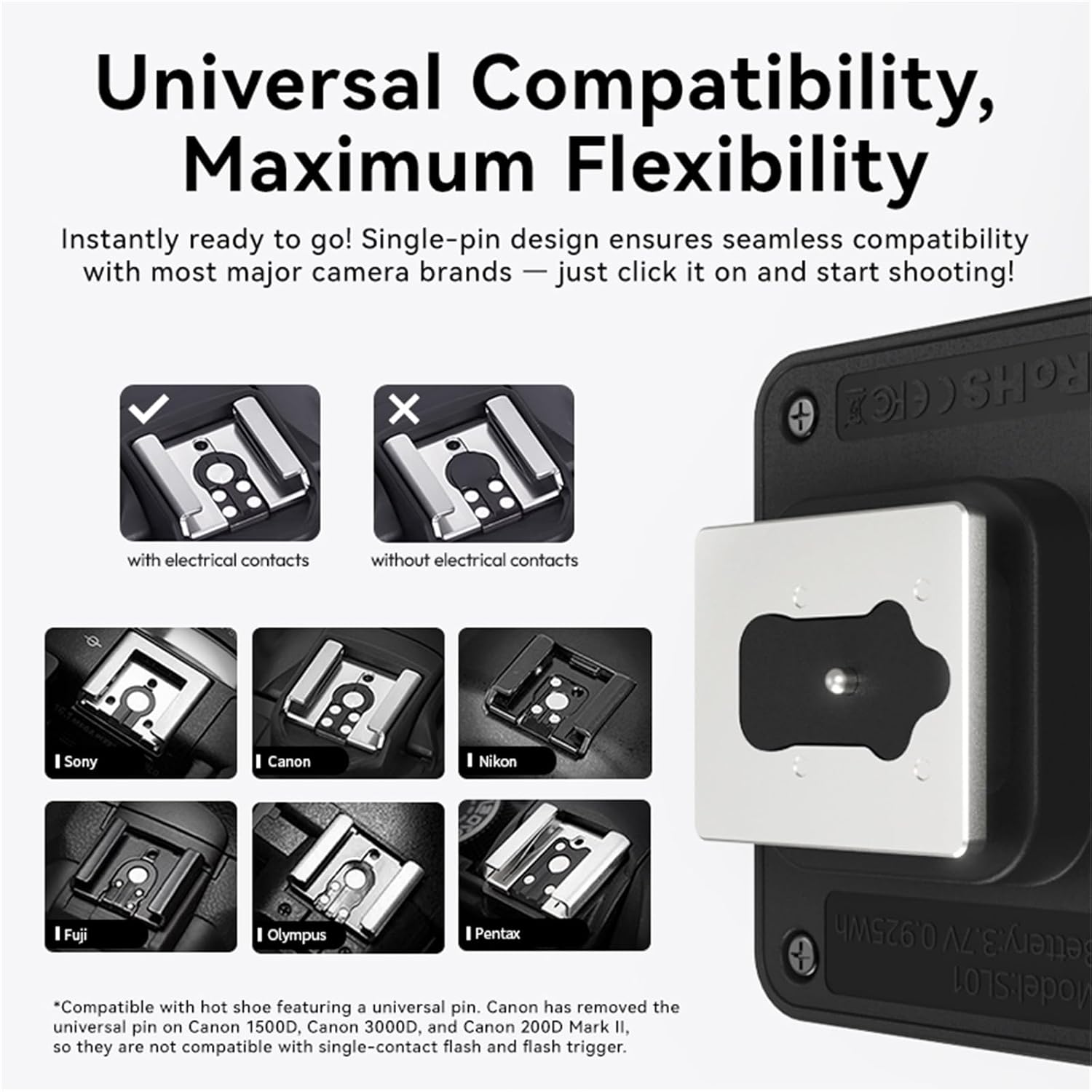 ULANZI SL03 mini camera flash speedlite attached to a DSLR, compatible with Sony, Canon, Fuji, and Nikon cameras.