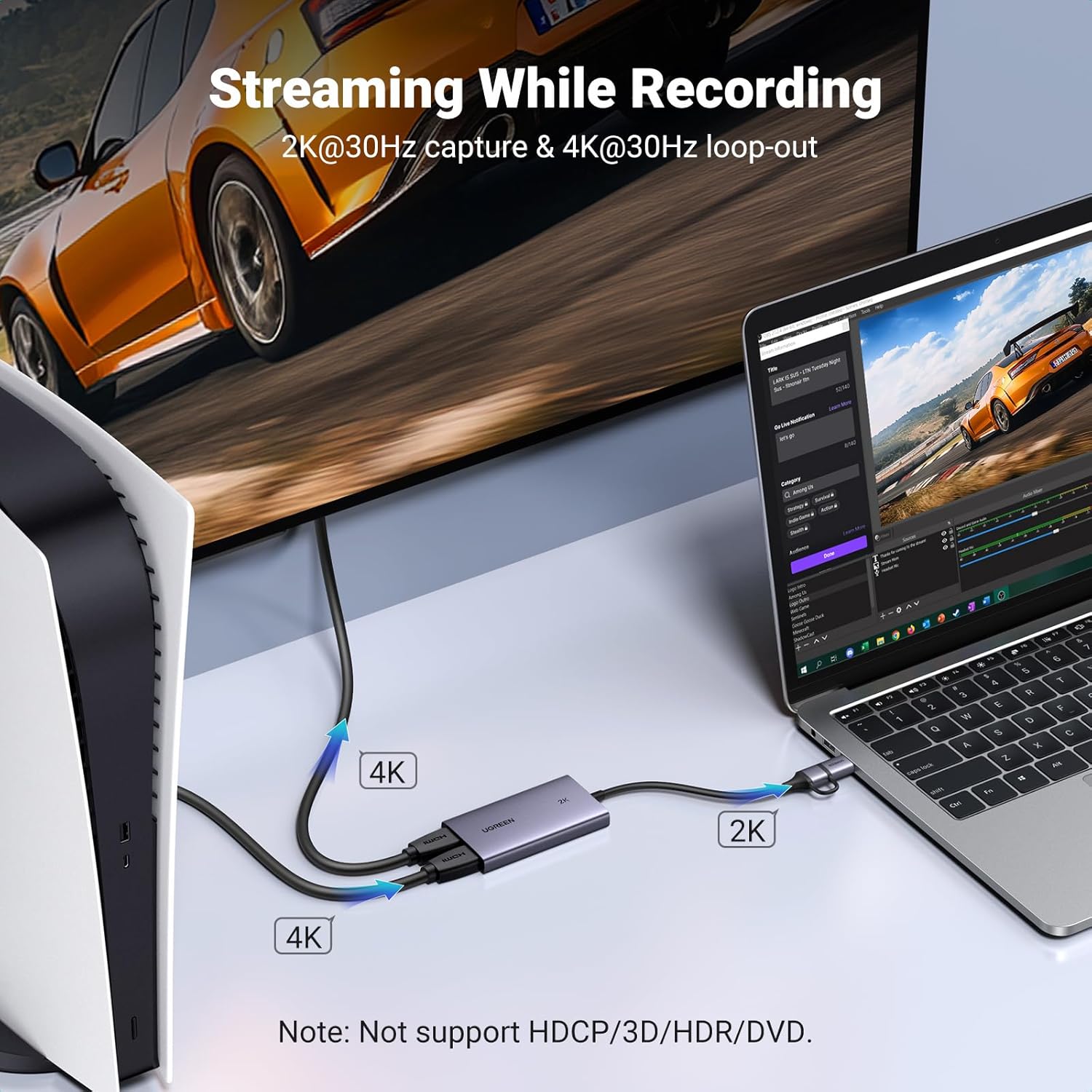UGREEN HDMI capture card with 4K@30Hz, Full HD 2K 30FPS, 1080P 60FPS, HDMI to USB 3.0 for streaming and recording